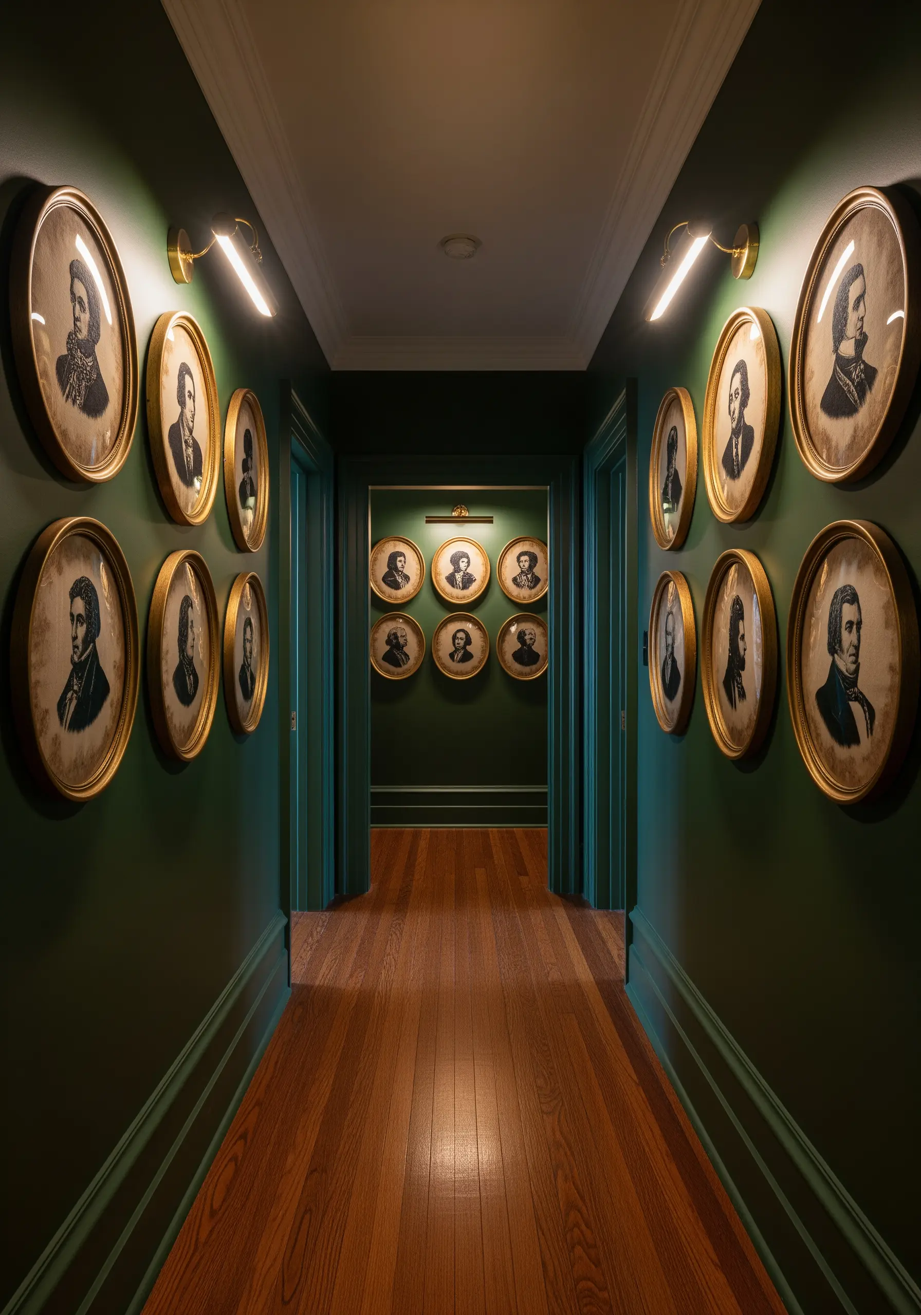 A dark green hallway lined symmetrically with numerous oval-framed cameo portrait embroideries.