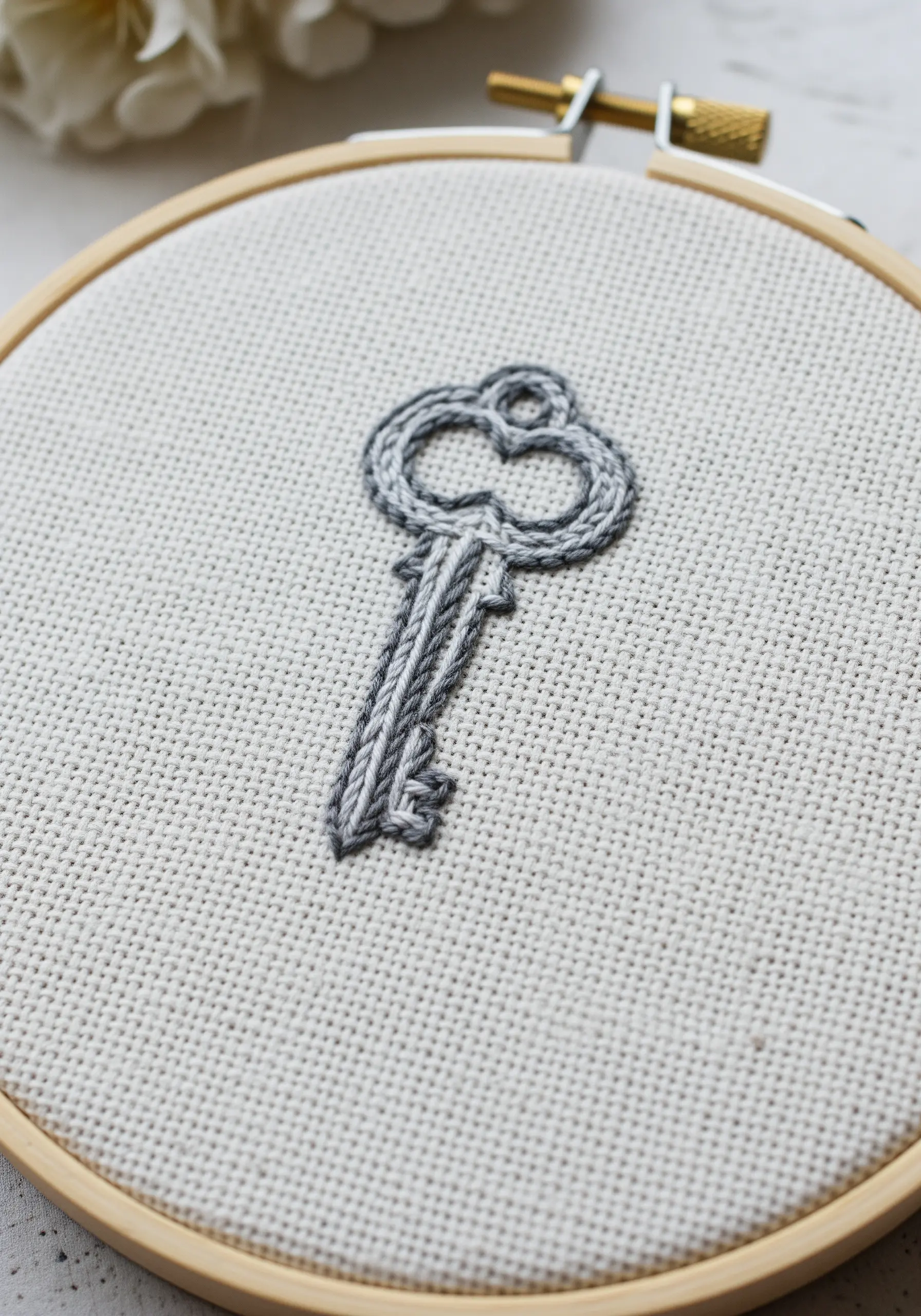 An antique key embroidered with light and dark grey thread to create shading.