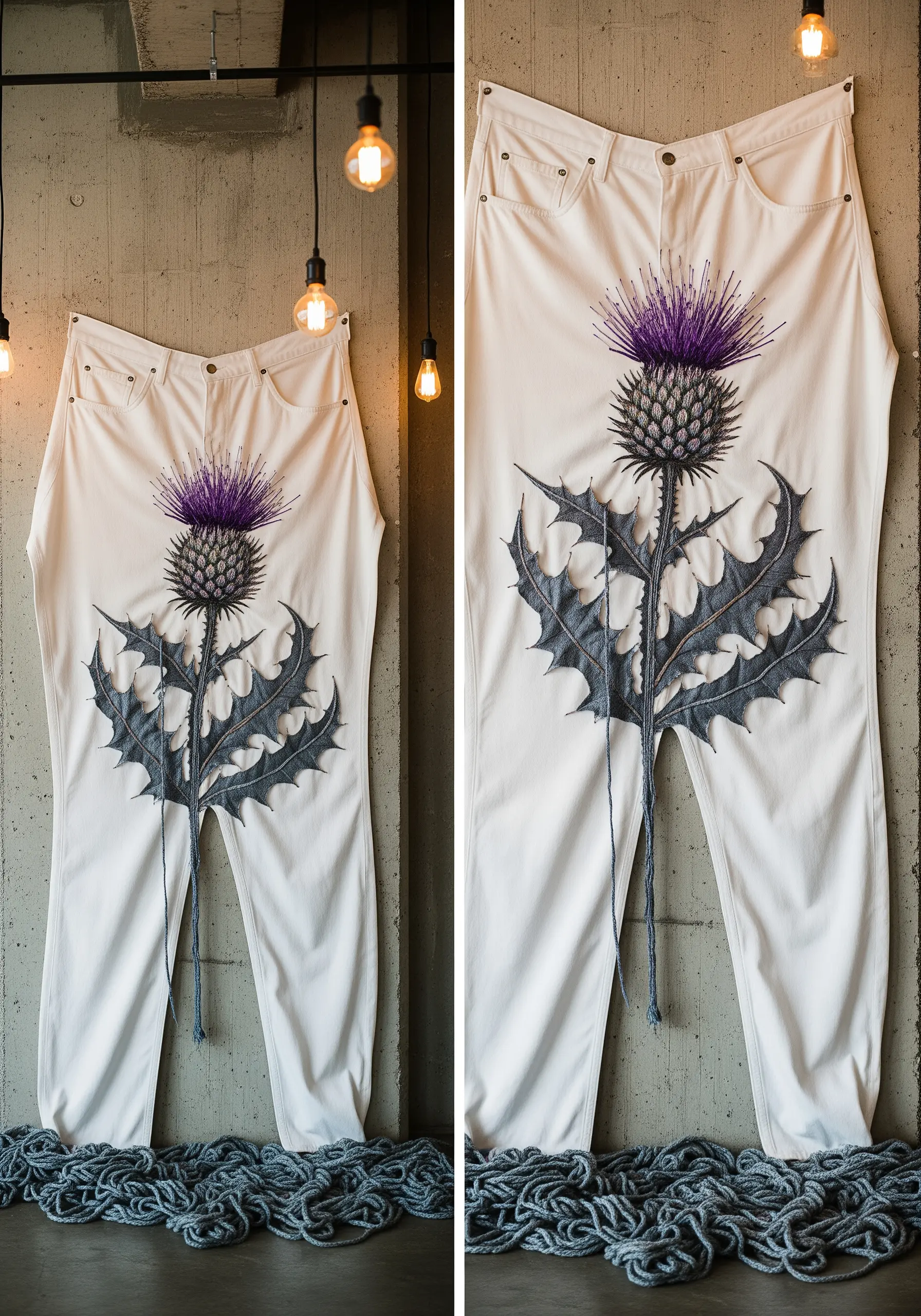 A large thistle design on white jeans, using denim appliqué for leaves and 3D stitches for the flower.