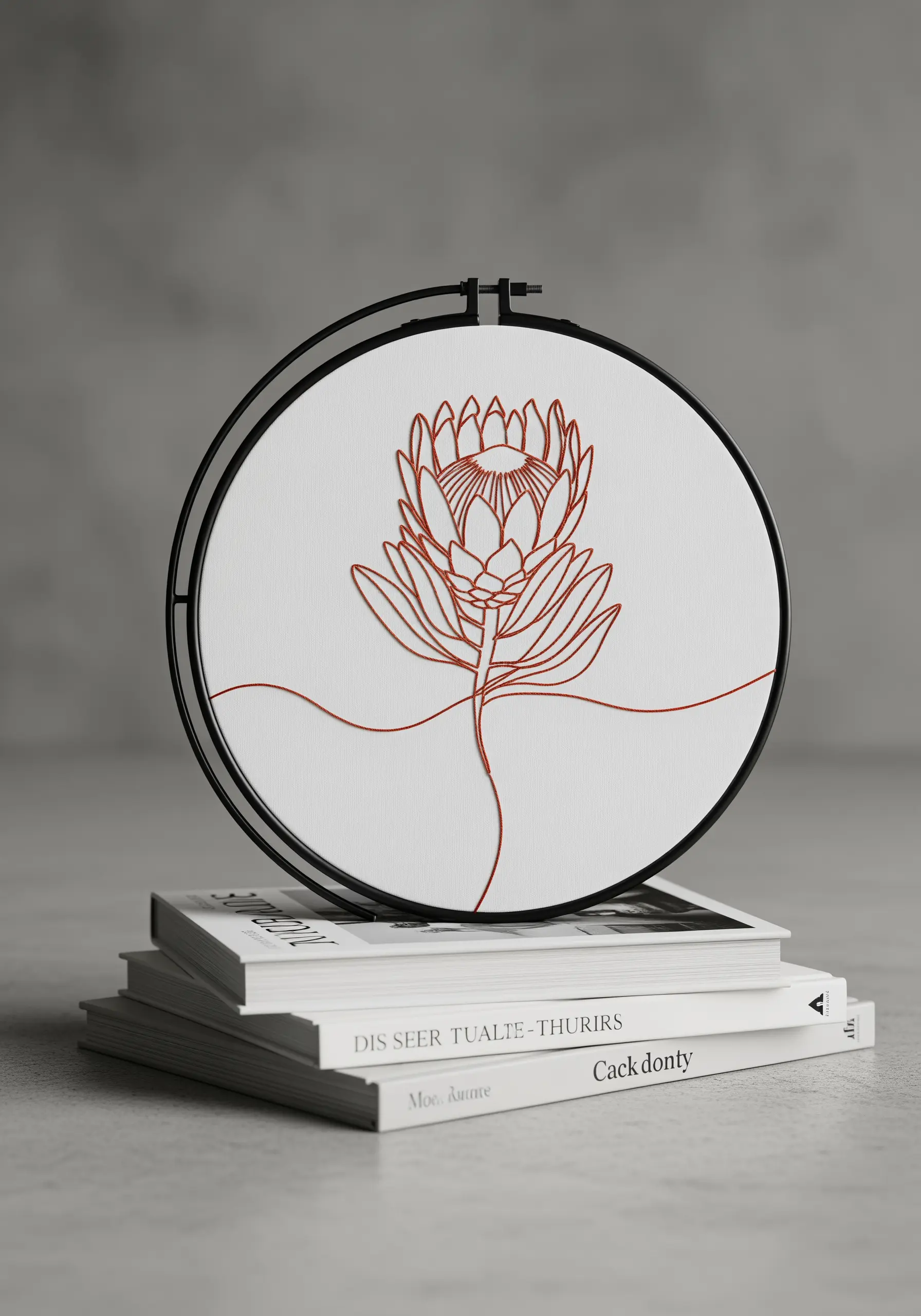 Red single-line protea flower embroidered on white fabric in a modern black hoop.