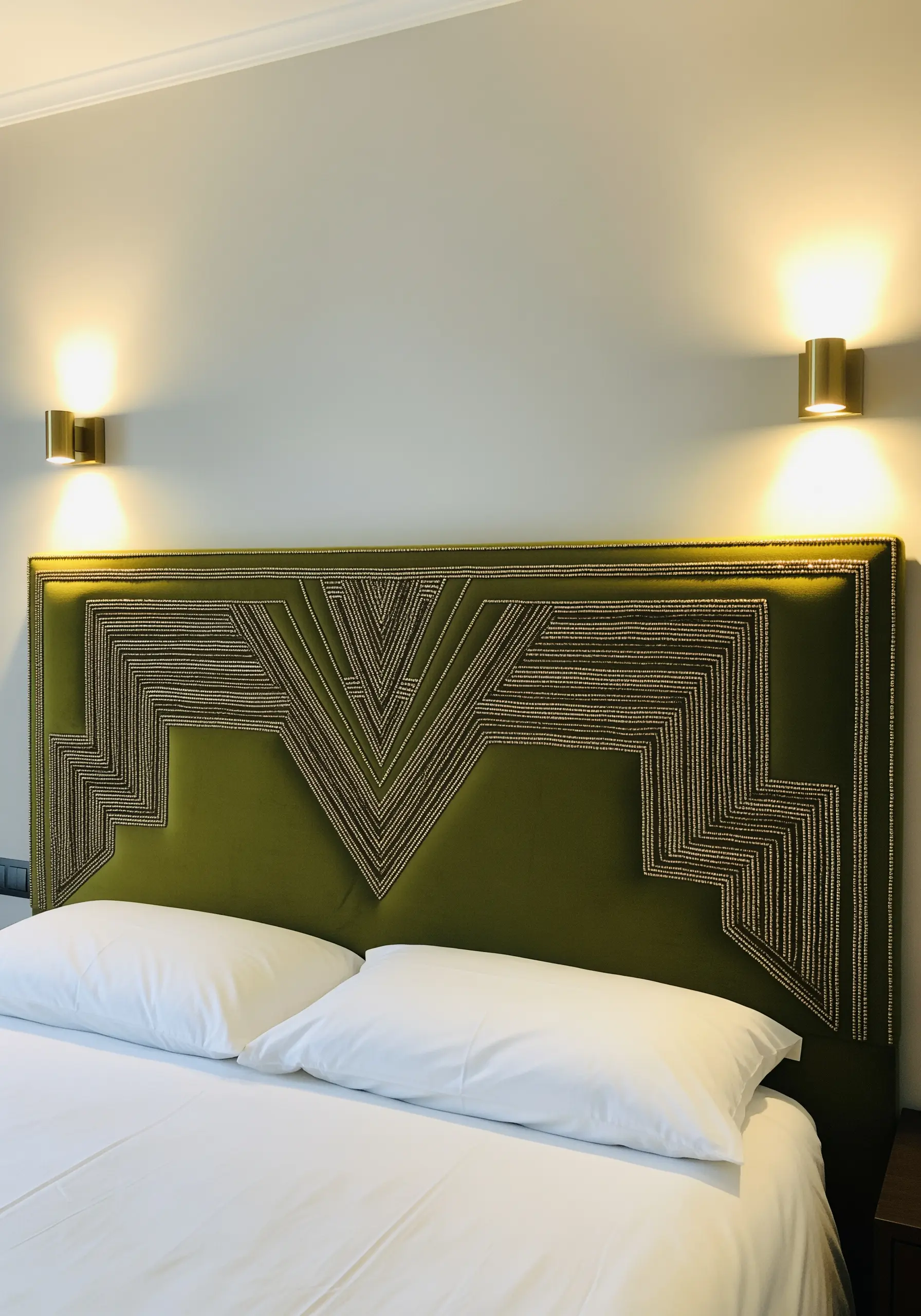 A green velvet headboard embellished with a geometric Art Deco pattern made of beaded lines.