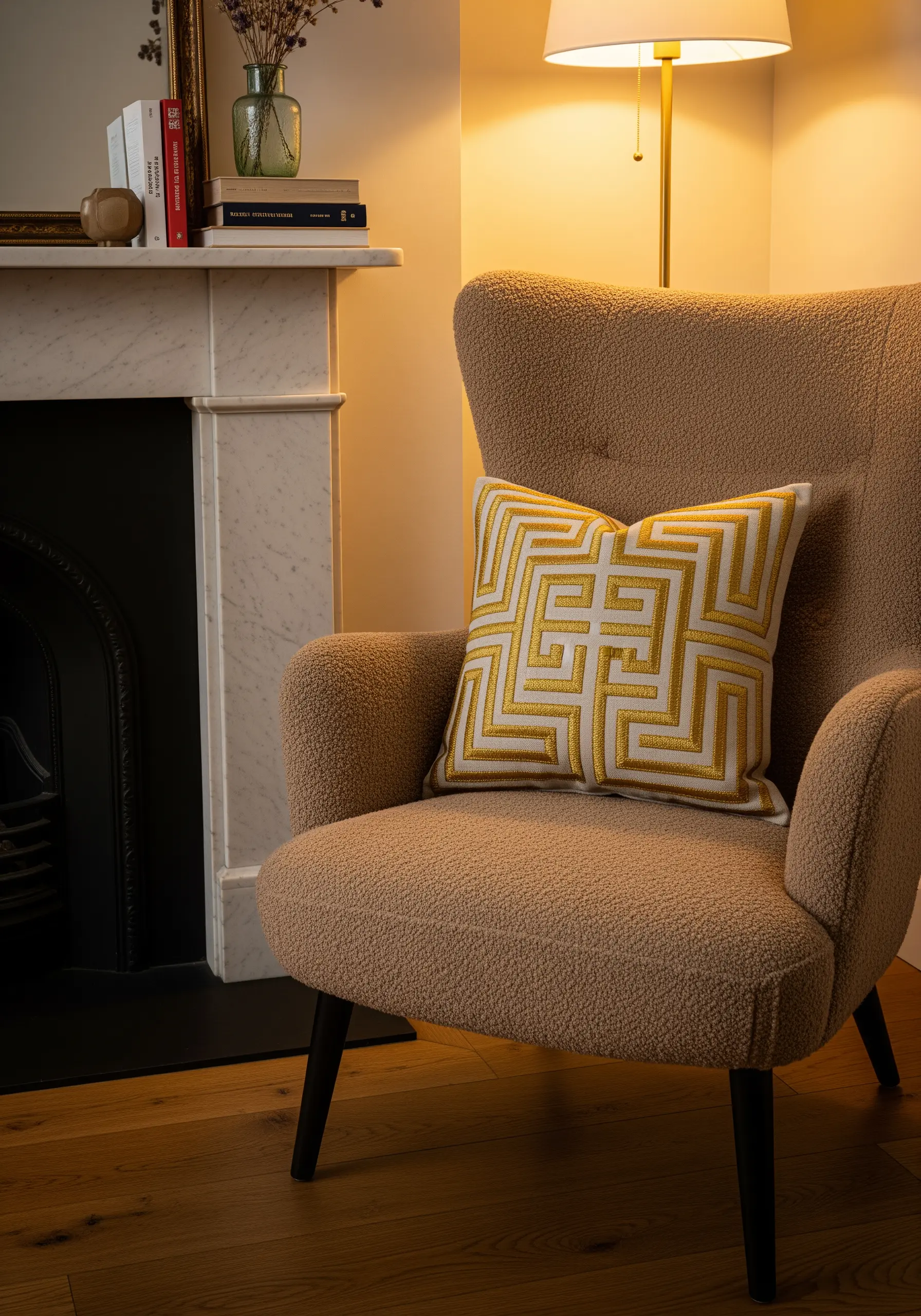 Gold and white geometric labyrinth pattern embroidered on a cushion.