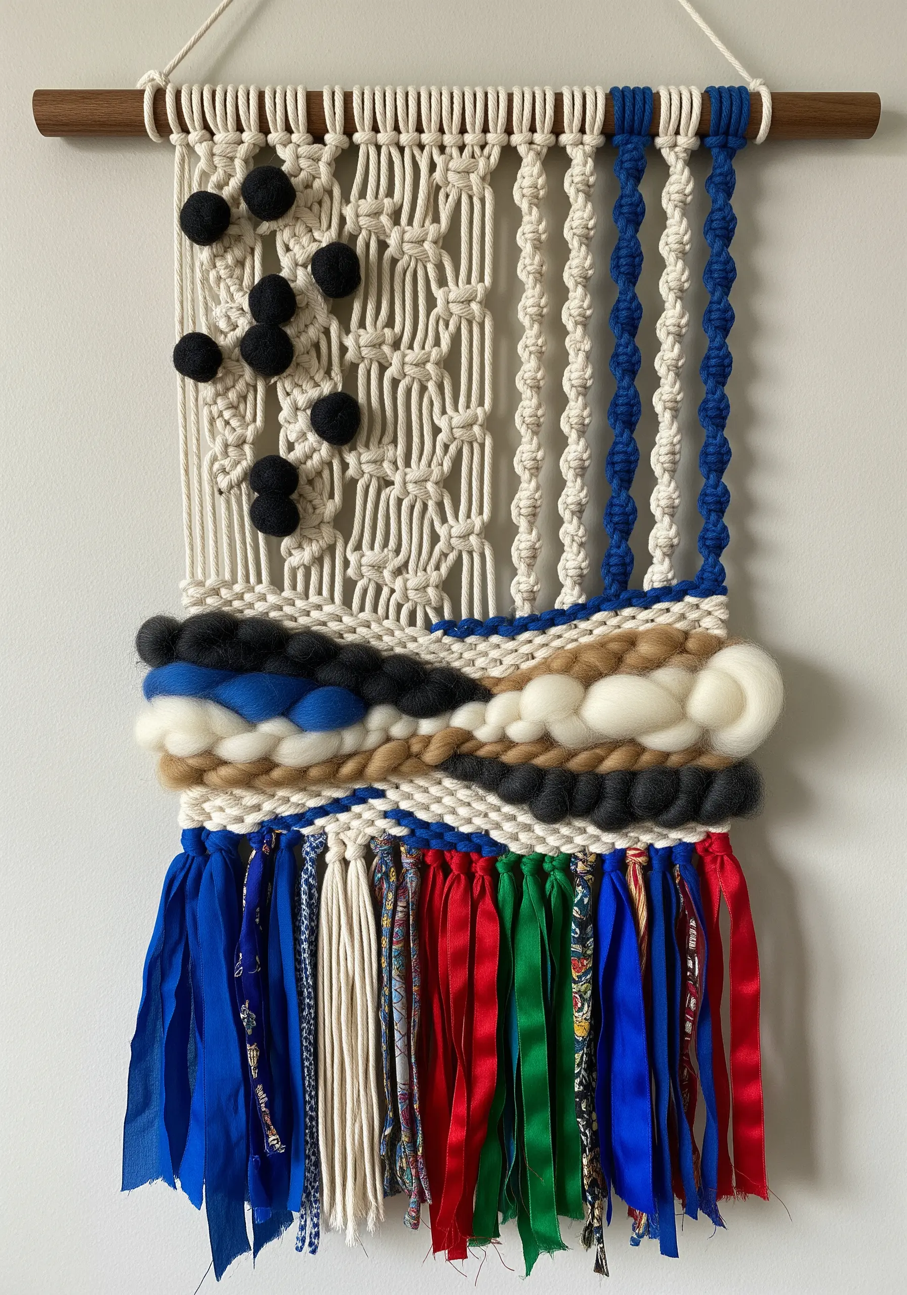 A mixed-media weaving combining macrame knots, thick roving, pom-poms, and colorful ribbons.