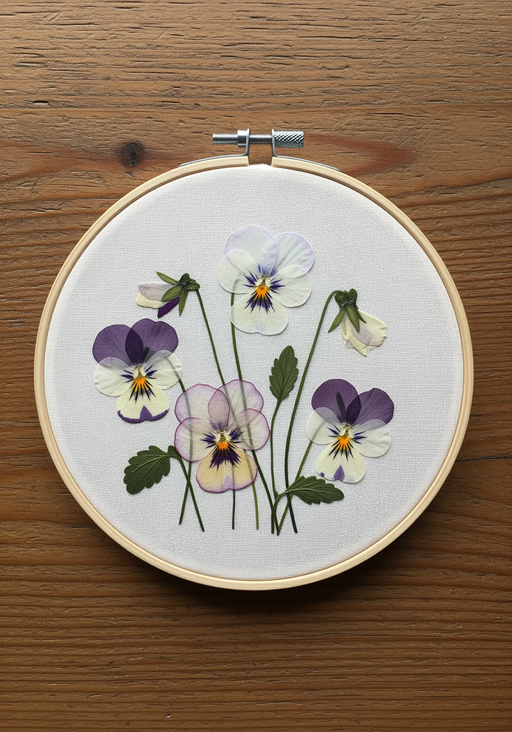 Pressed pansies in a wooden hoop with delicately stitched stems on white fabric.