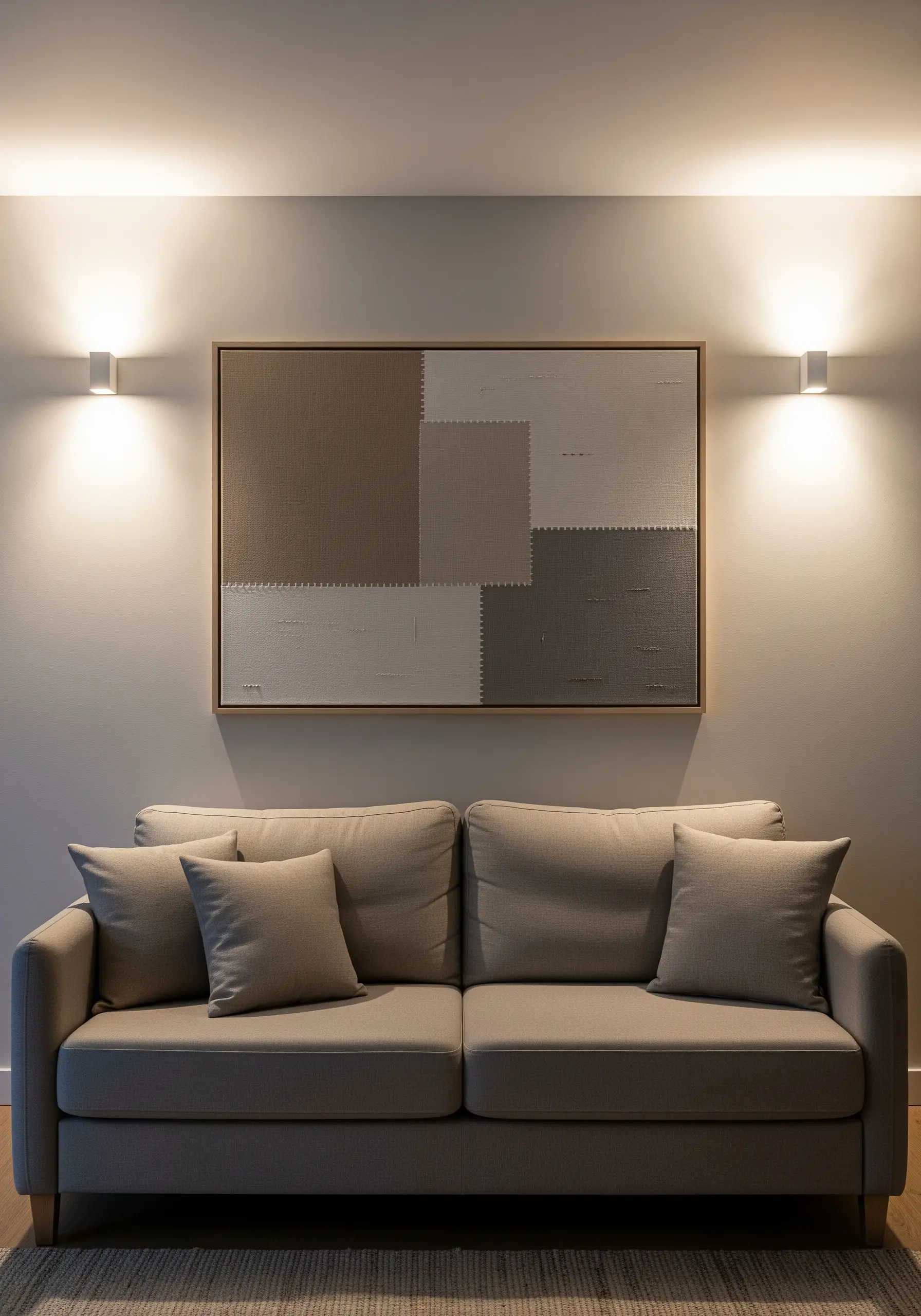 Framed embroidery art with color-blocked geometric shapes in muted, neutral tones.