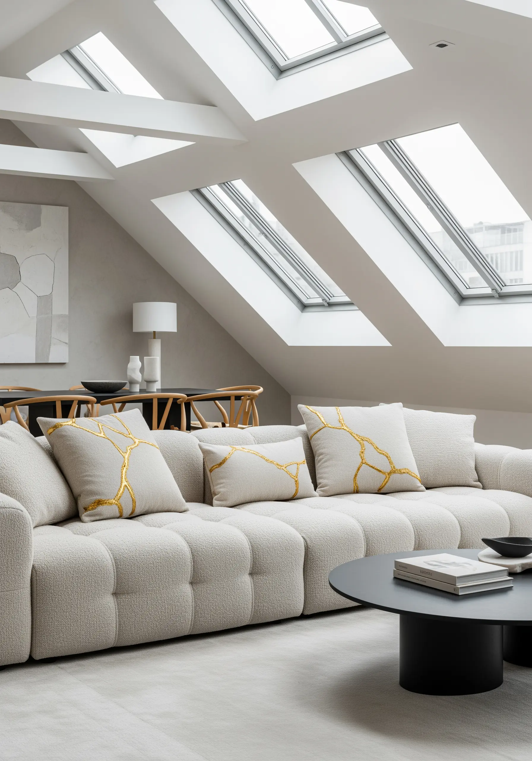 Gold kintsugi-style embroidery on textured off-white cushions.