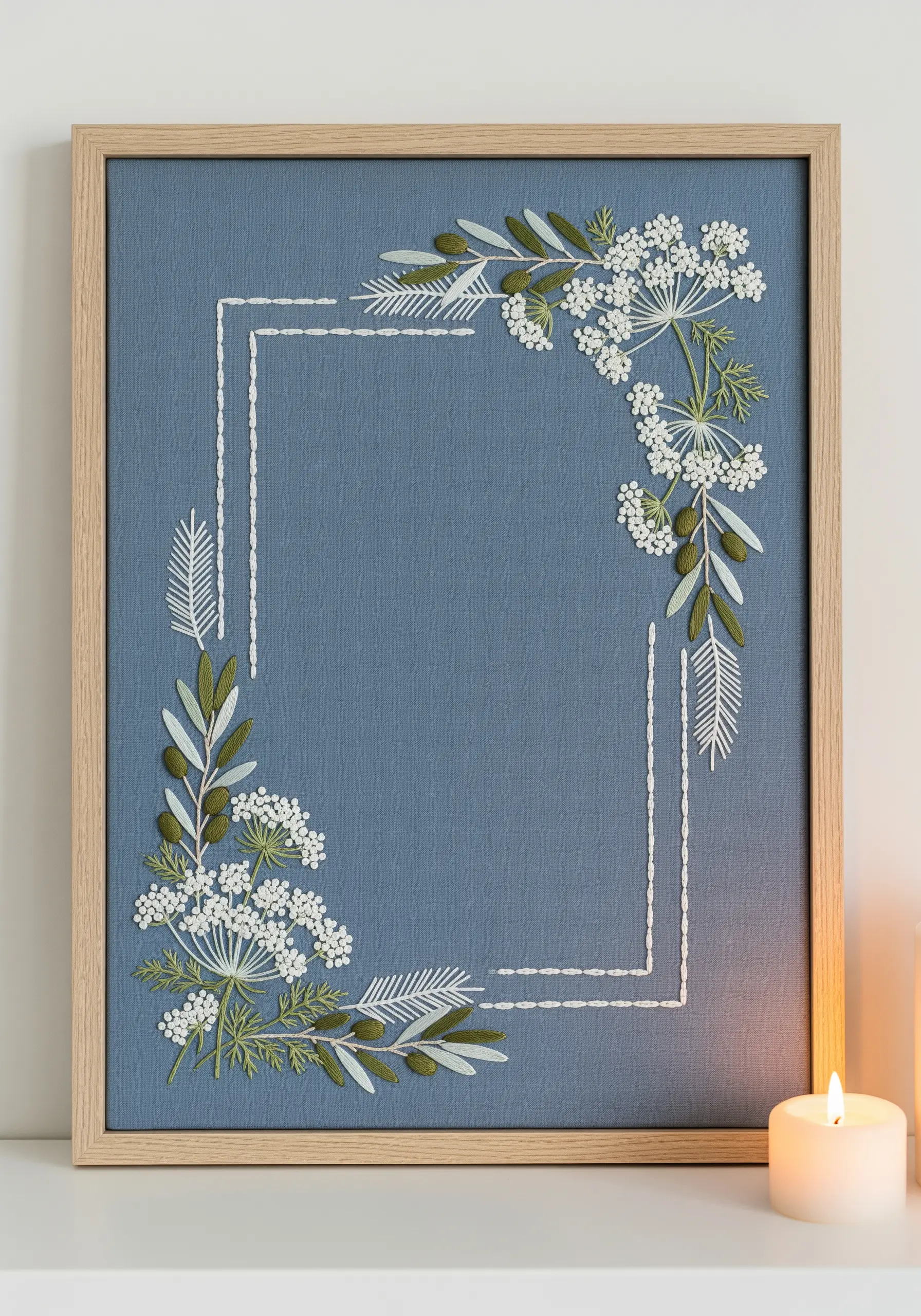 Minimalist embroidered frame with Queen Anne's Lace and stylized leaves on blue-gray fabric.