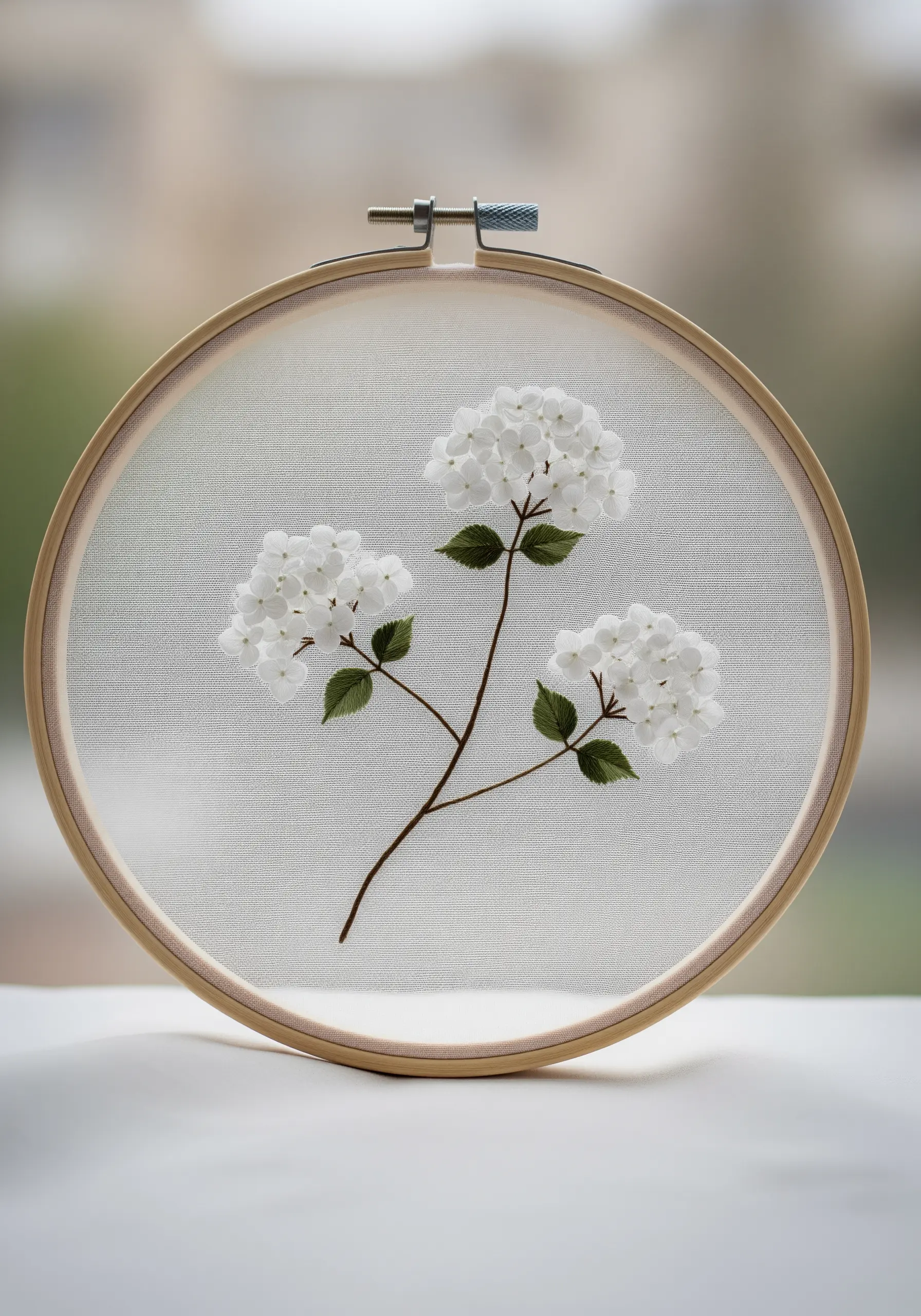 Delicate white hydrangeas embroidered on sheer organza fabric, creating a floating effect.