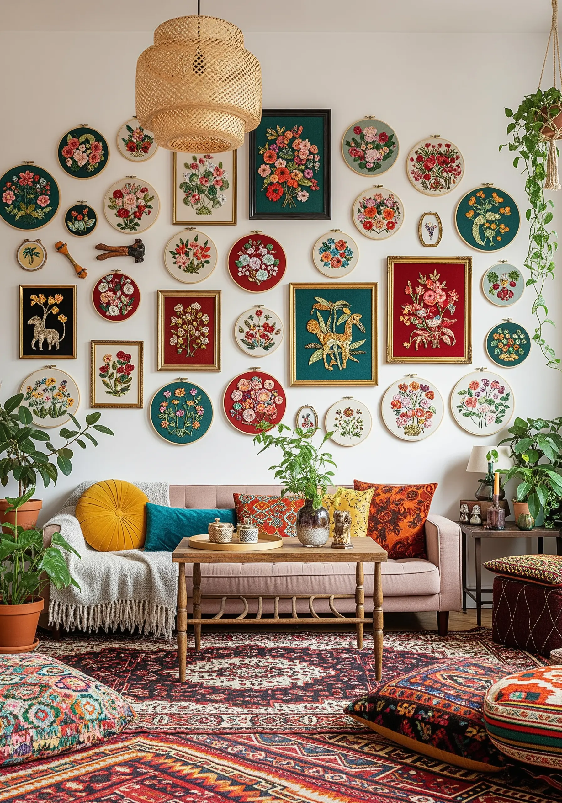 A maximalist gallery wall of floral embroidery in various hoops and frames.