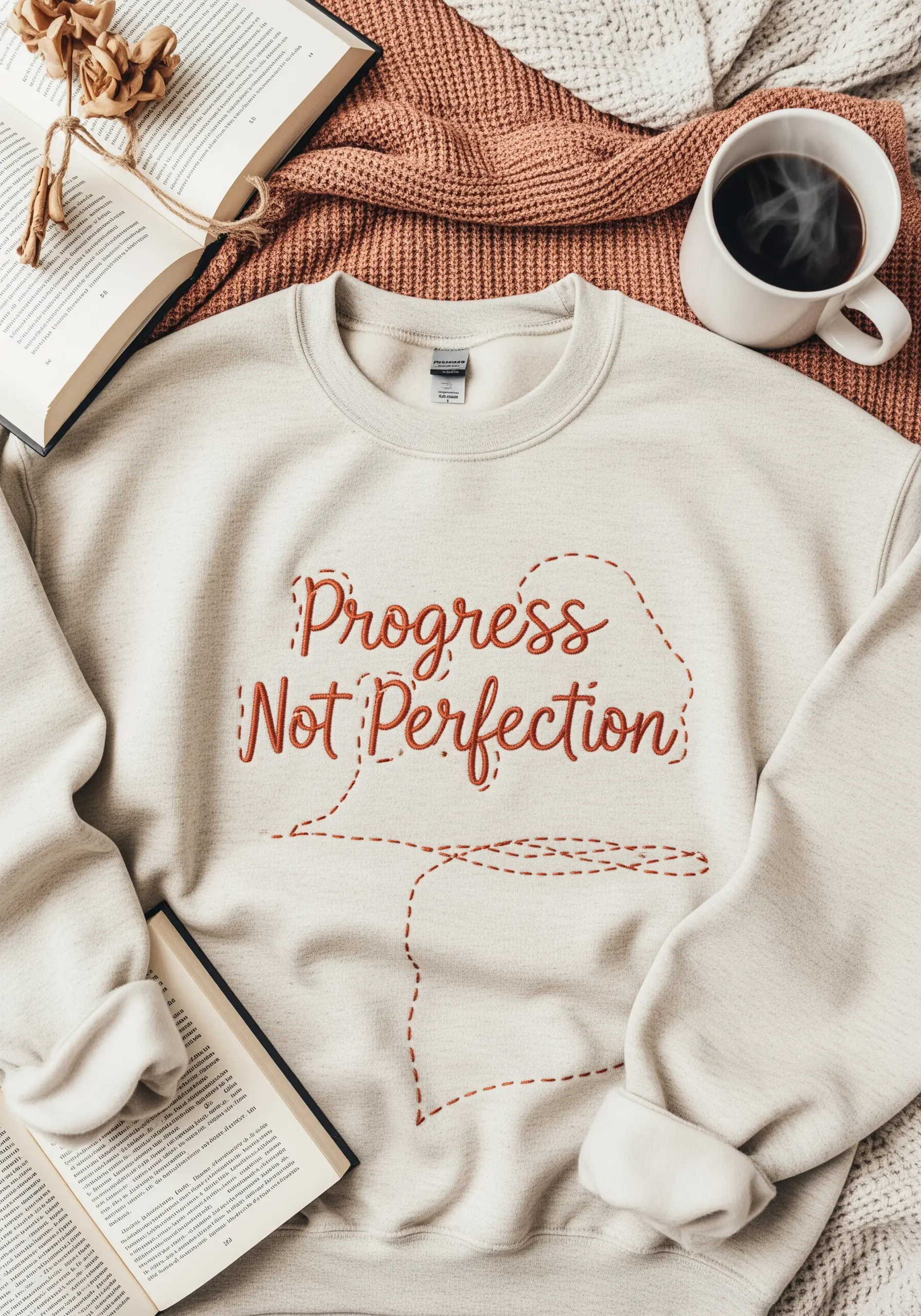 “Progress Not Perfection” in a rustic, hand-stitched style on a cream sweatshirt.