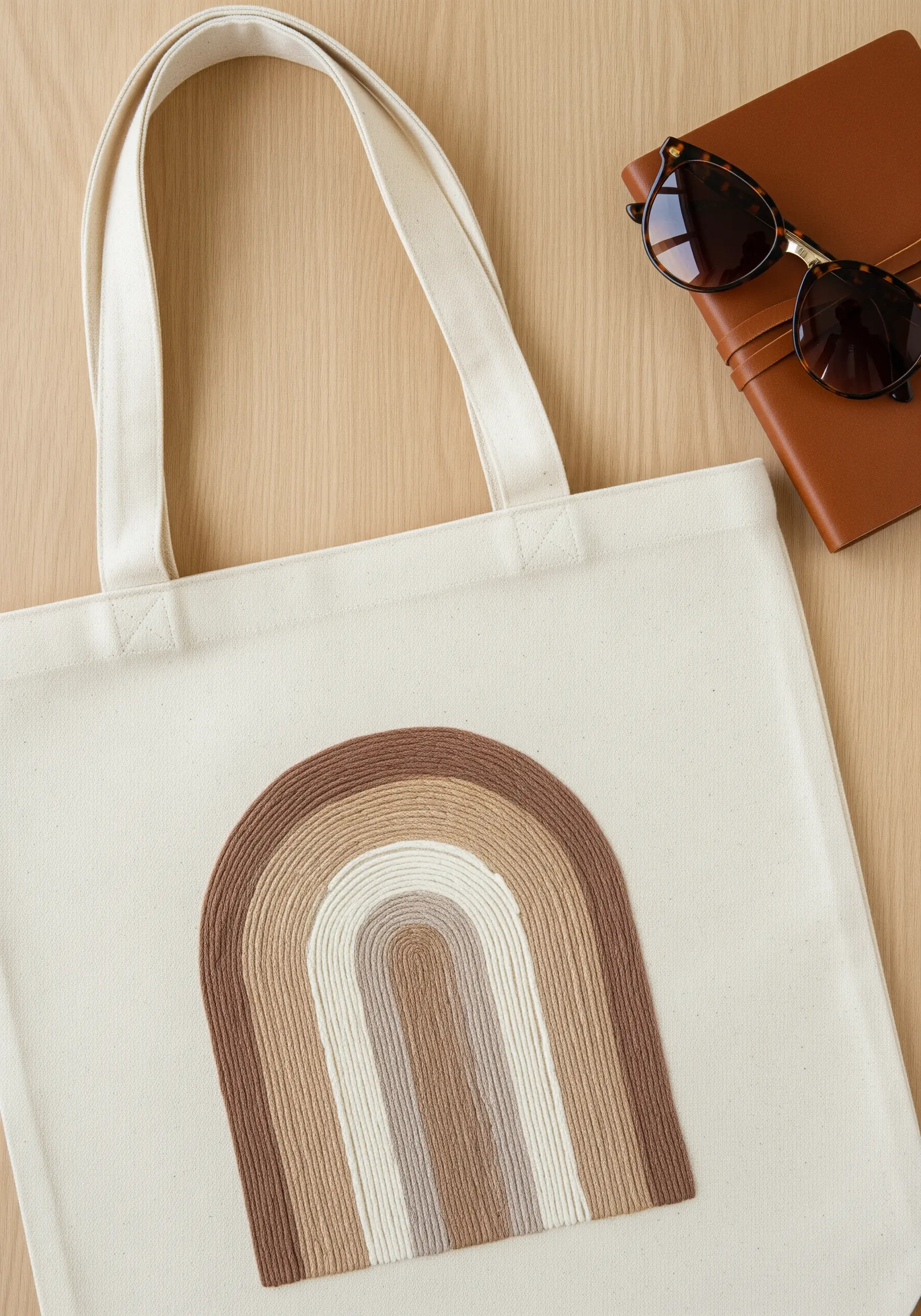 Densely embroidered rainbow arch in neutral earth tones on a canvas tote bag.