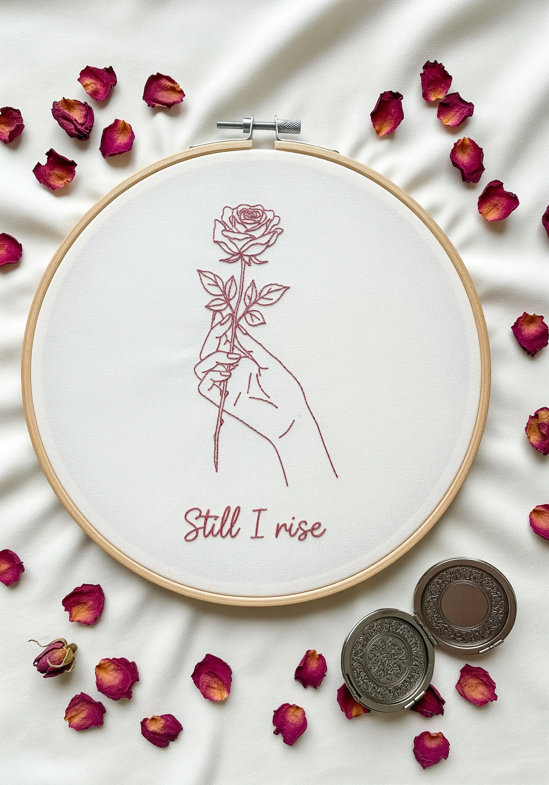 Minimalist line art of a hand holding a rose with the quote “Still I rise.”