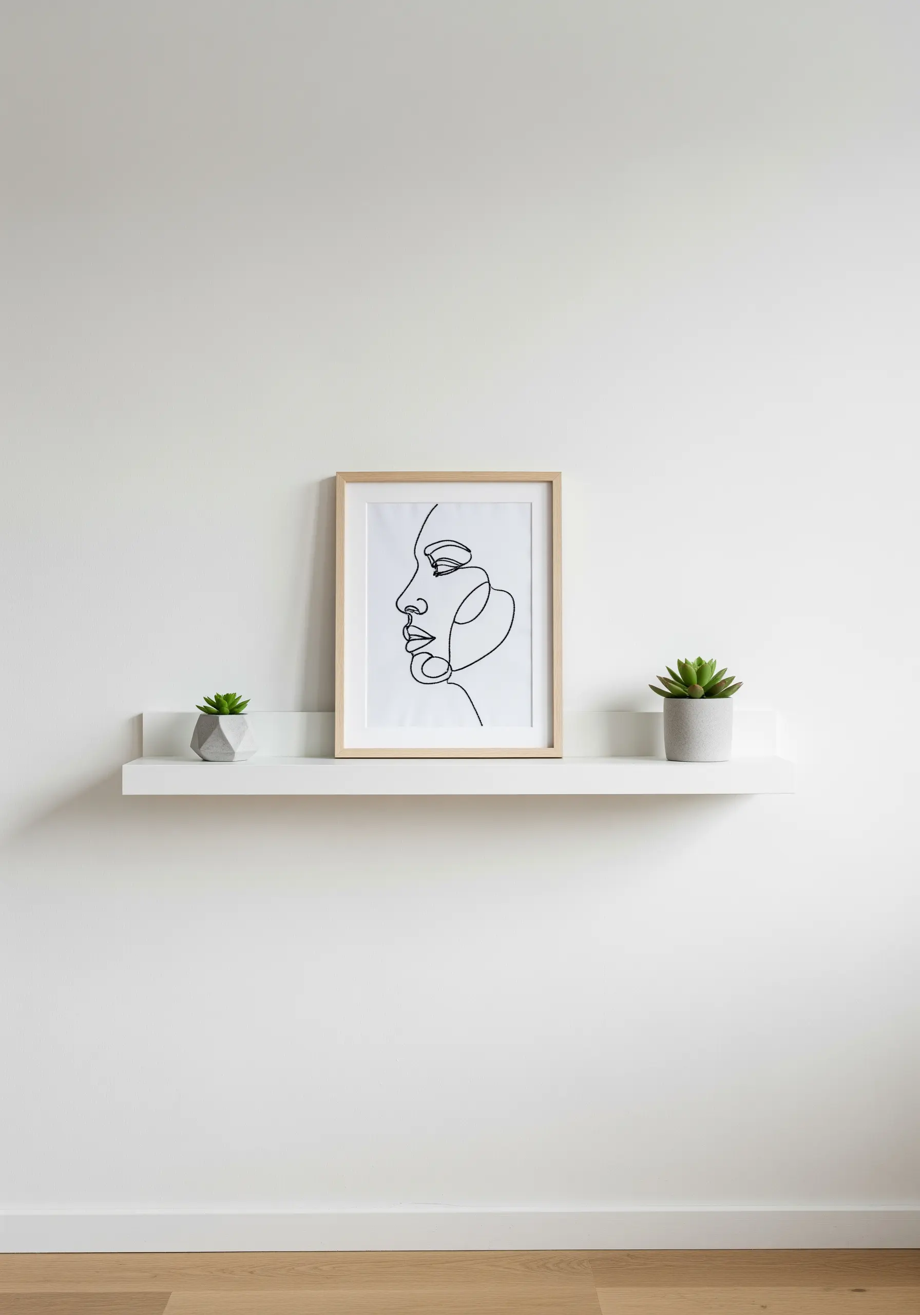 Minimalist single-line art portrait stitched in black thread.