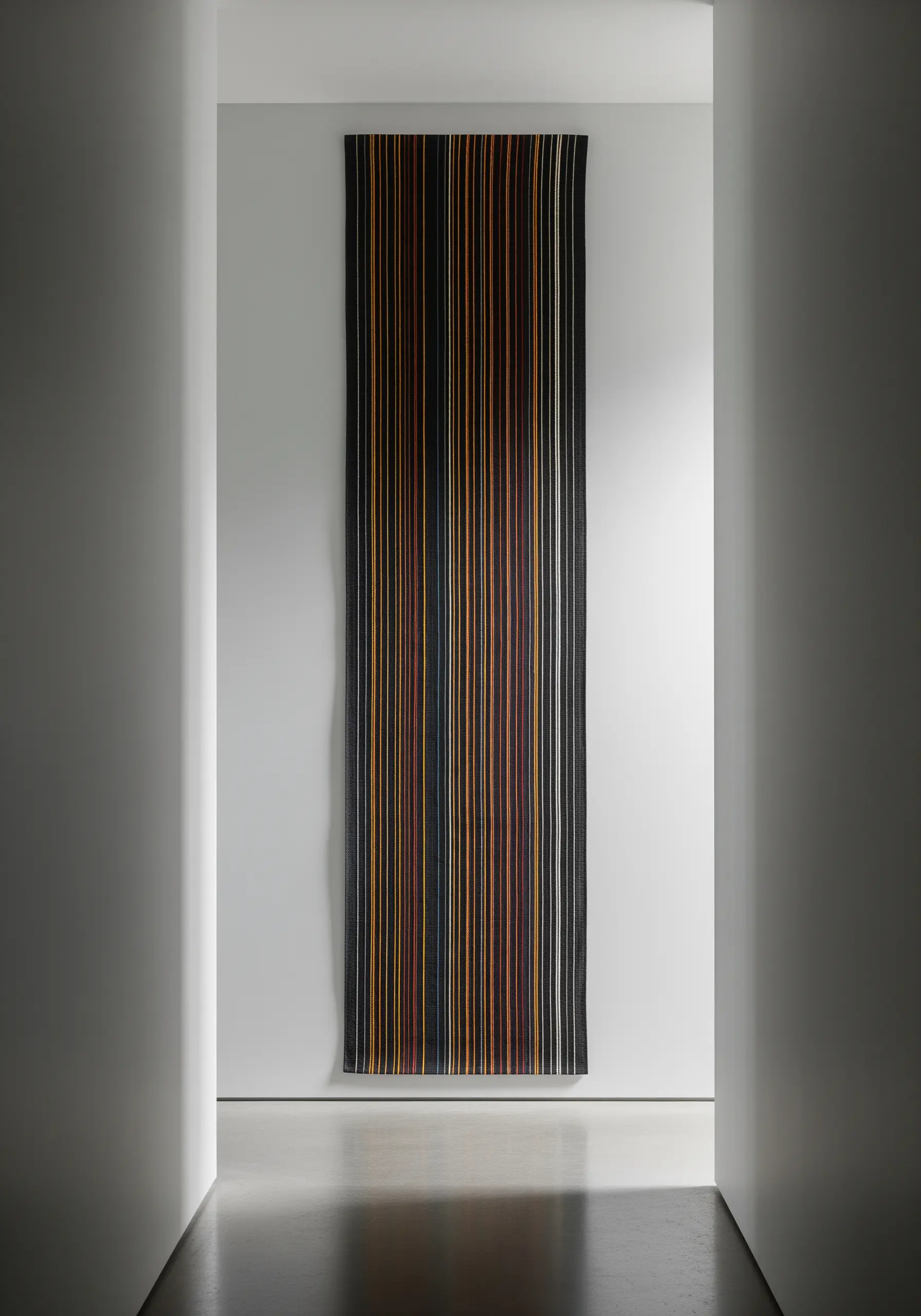 A tall, narrow wall hanging with vertical stripes of straight stitches in earthy colors.