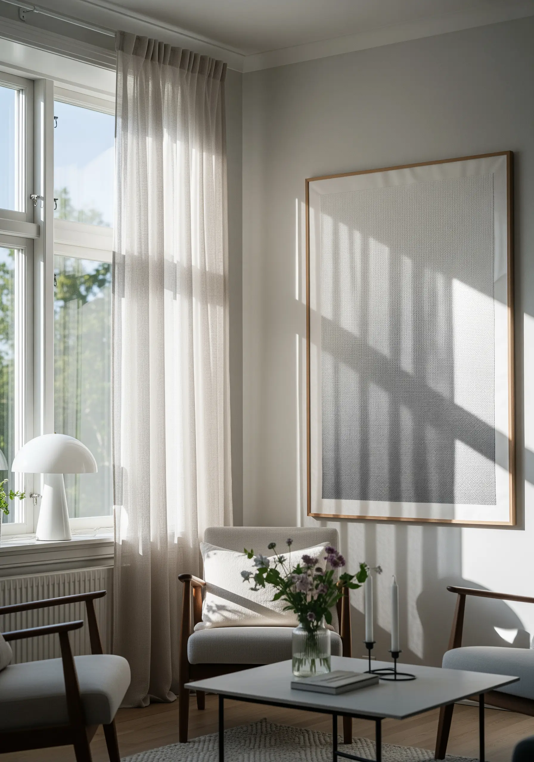 Large framed wall art with a subtle gradient made of tiny stitches, from light to dark grey.