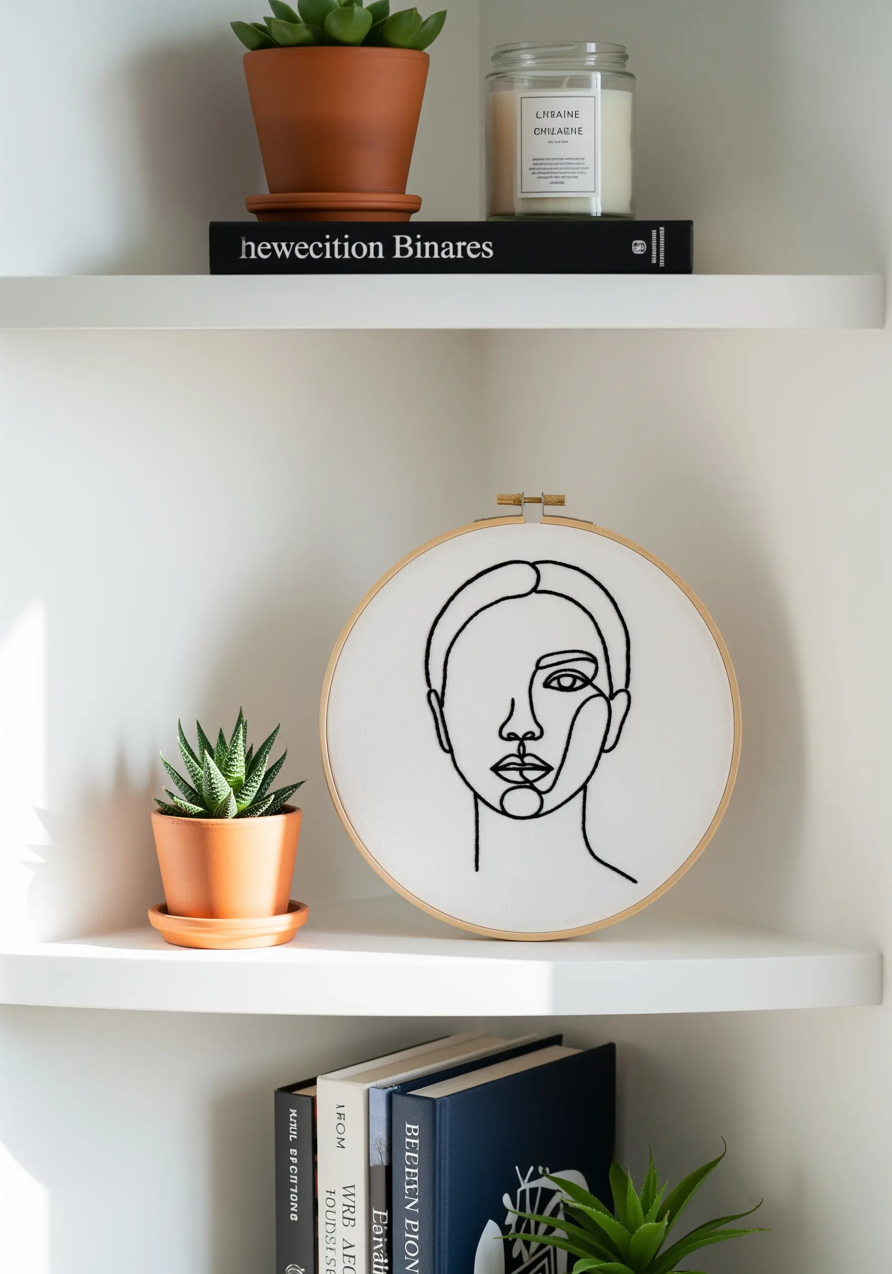 Minimalist one-line portrait embroidered in black thread on white fabric.