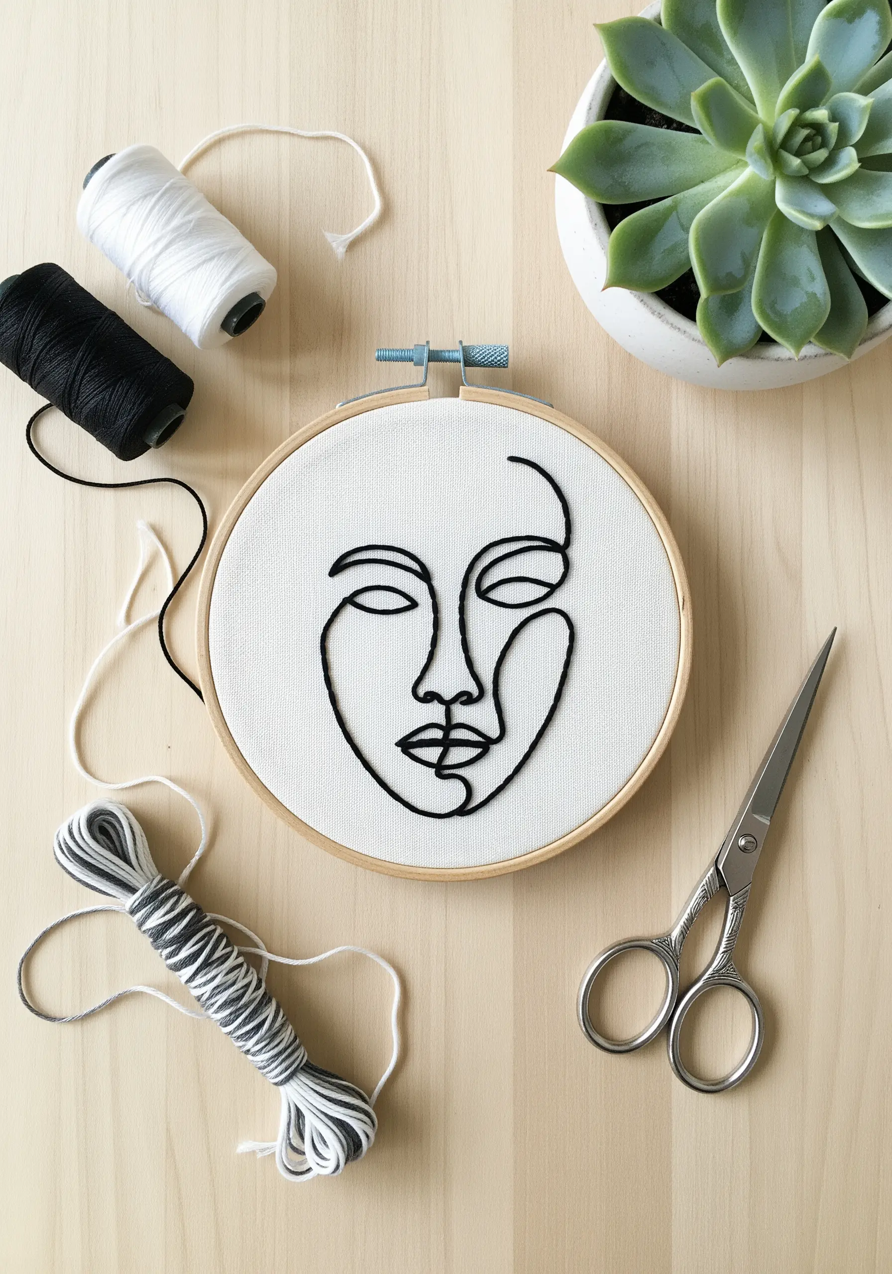 Abstract face embroidered with a single continuous black line in a hoop.