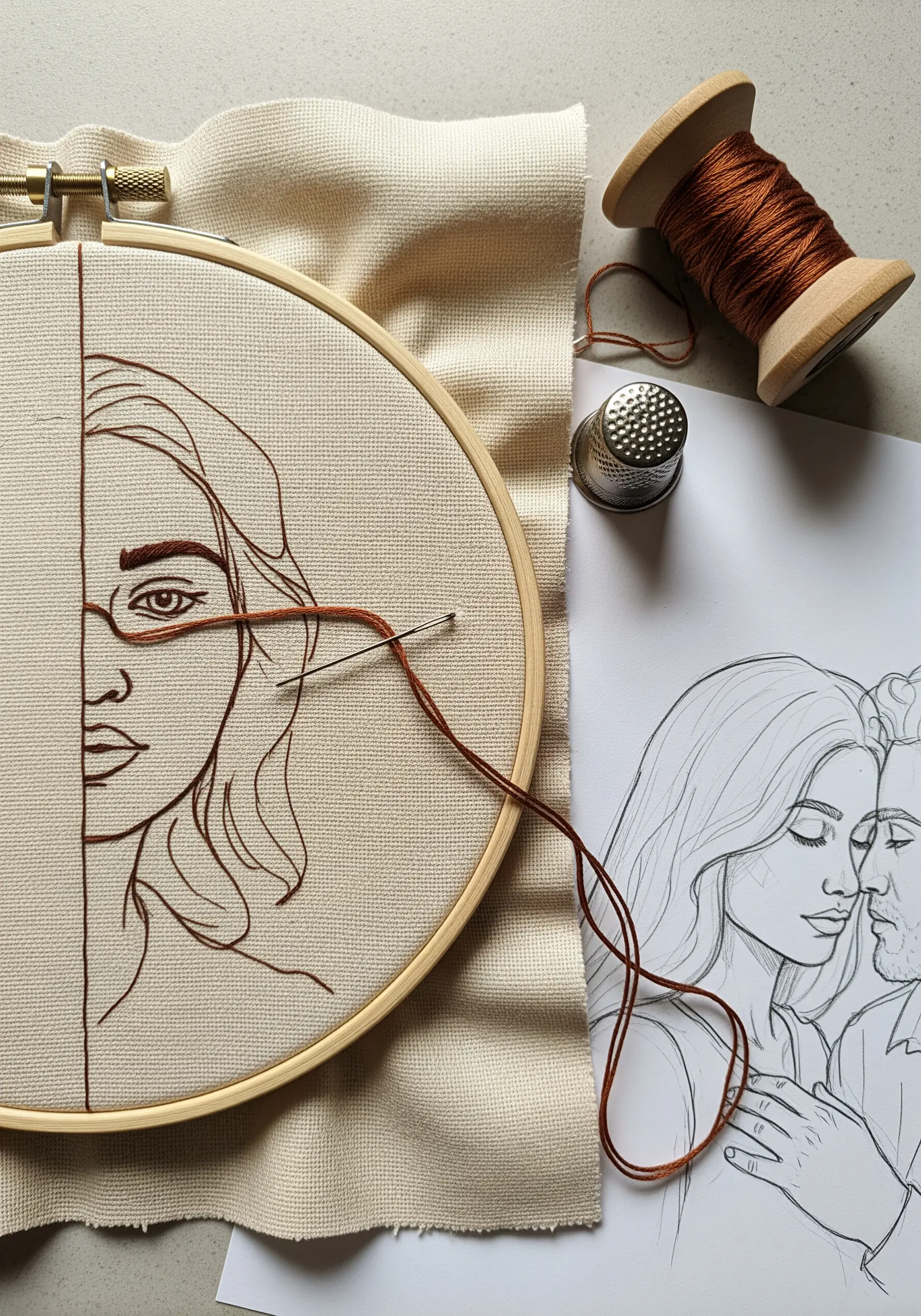 An in-progress embroidery showing half of a woman's face stitched, next to the full reference sketch.