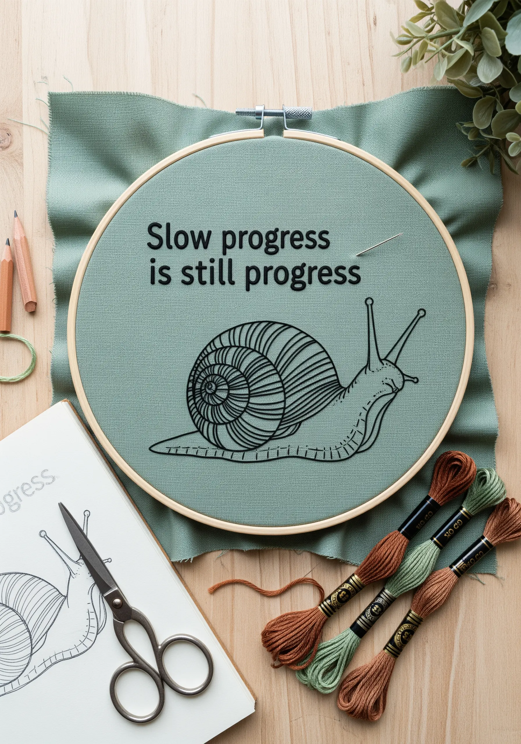A detailed snail illustration with the quote “Slow progress is still progress” on green fabric.