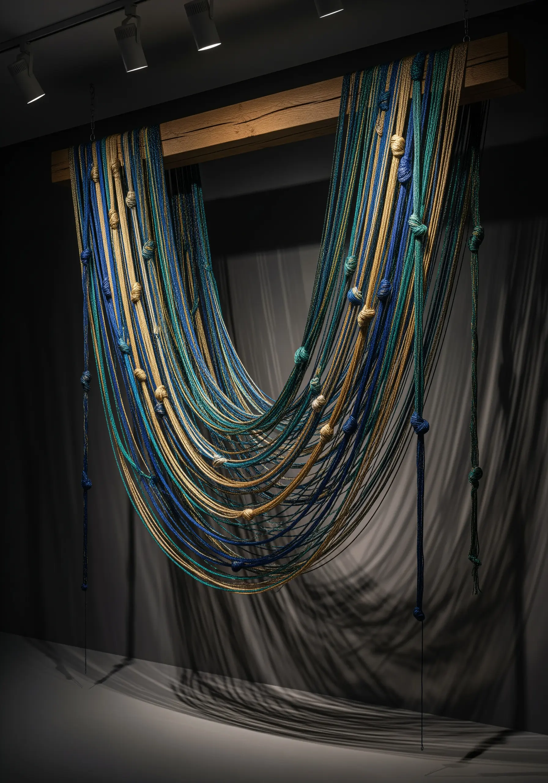 A cascade of blue, green, and gold cords with knots hanging from a wooden beam.