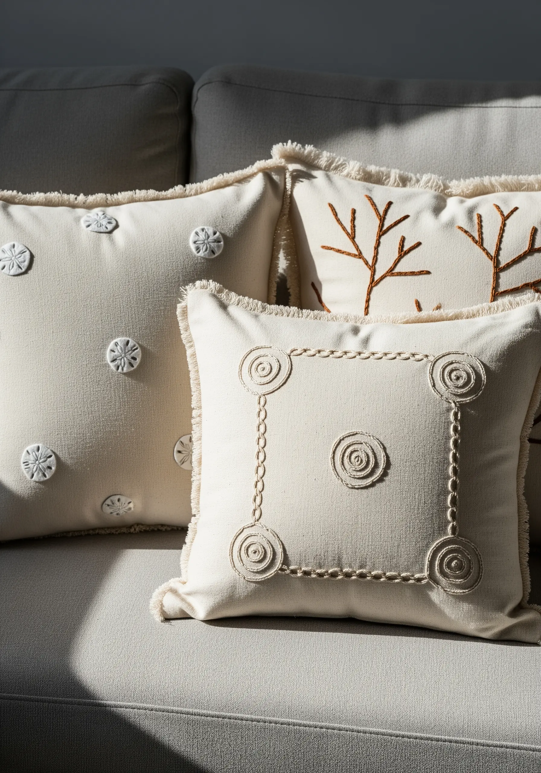 Cream pillows with textural embroidery: spirals, chain stitch, and raised wagon wheel stitches.