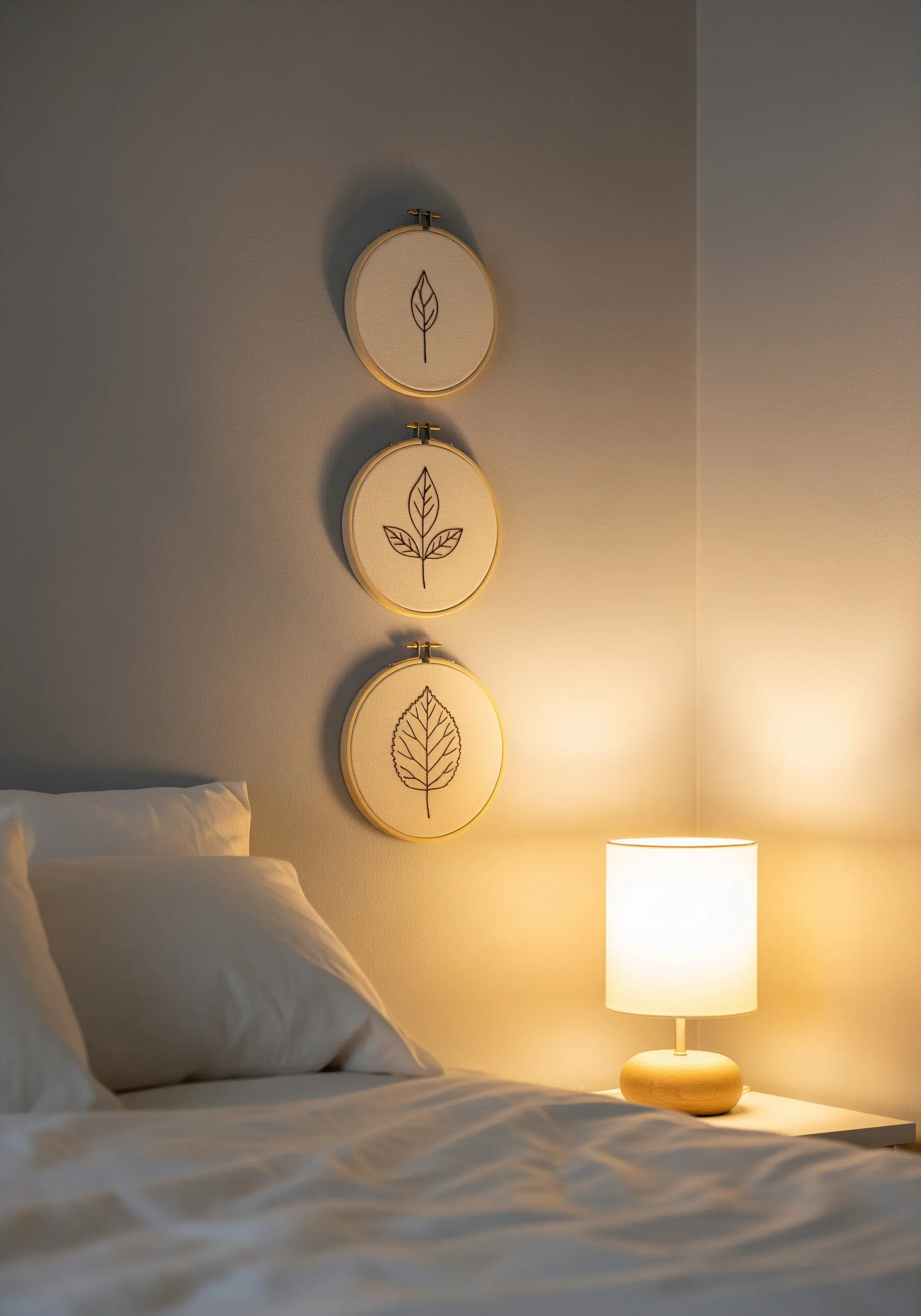 Three embroidery hoops hung vertically, each with a simple black leaf outline.