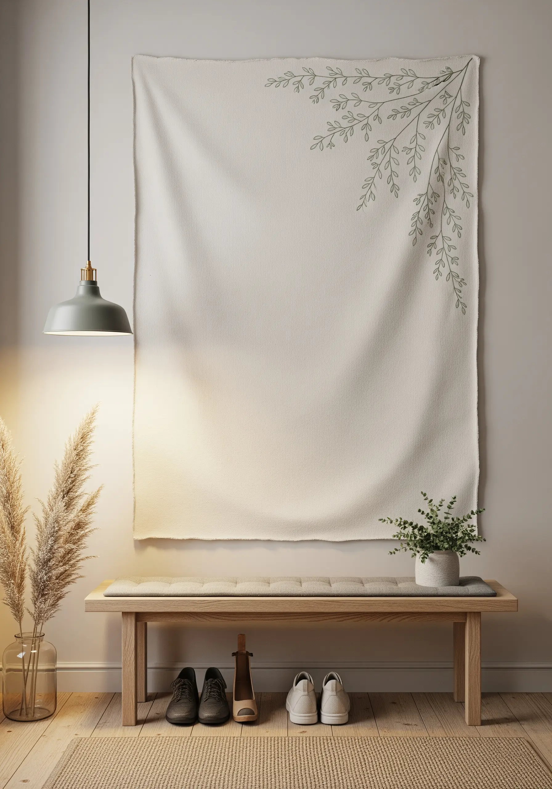 A large, off-white fabric wall hanging with a delicate green vine embroidered in the top right corner.