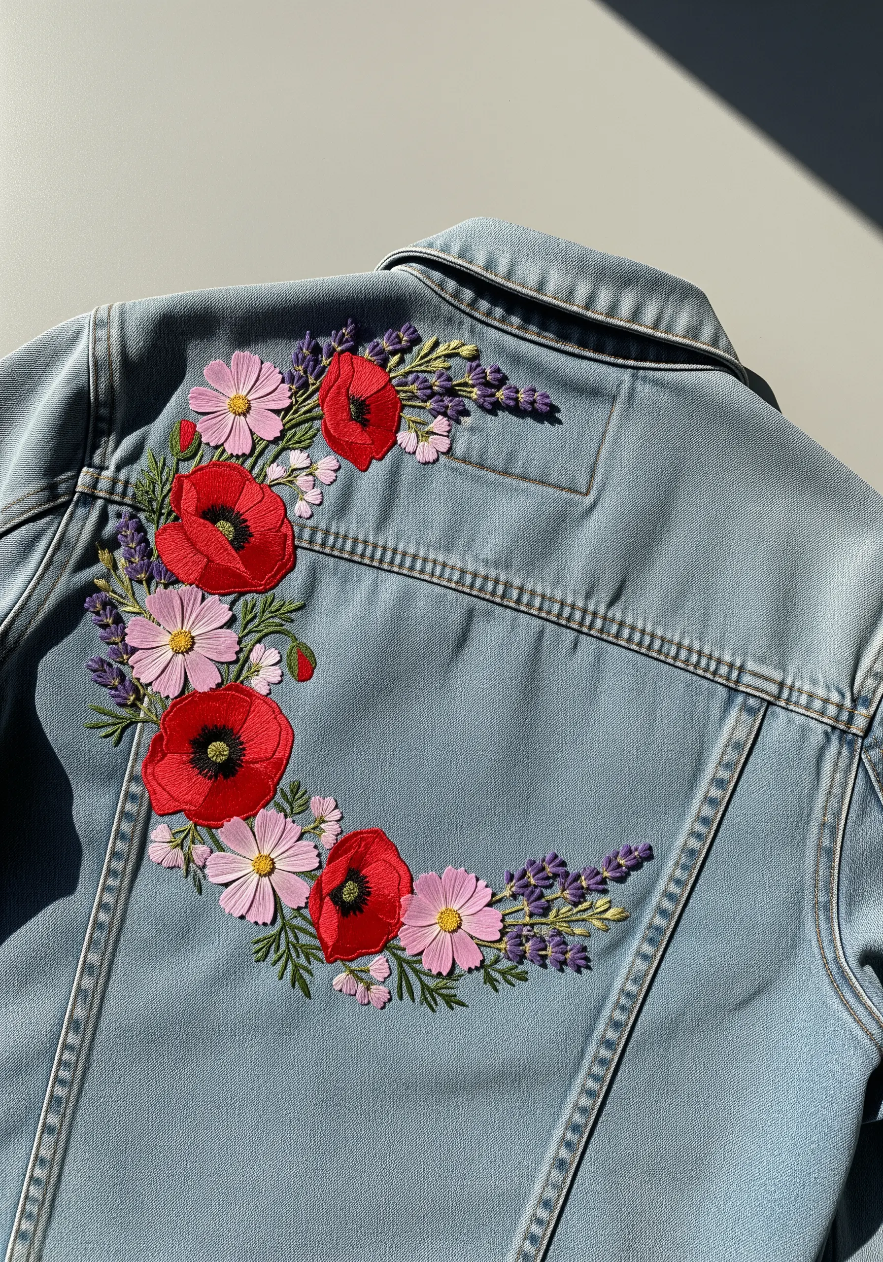 An embroidered crescent of red poppies, pink cosmos, and lavender on a denim jacket.