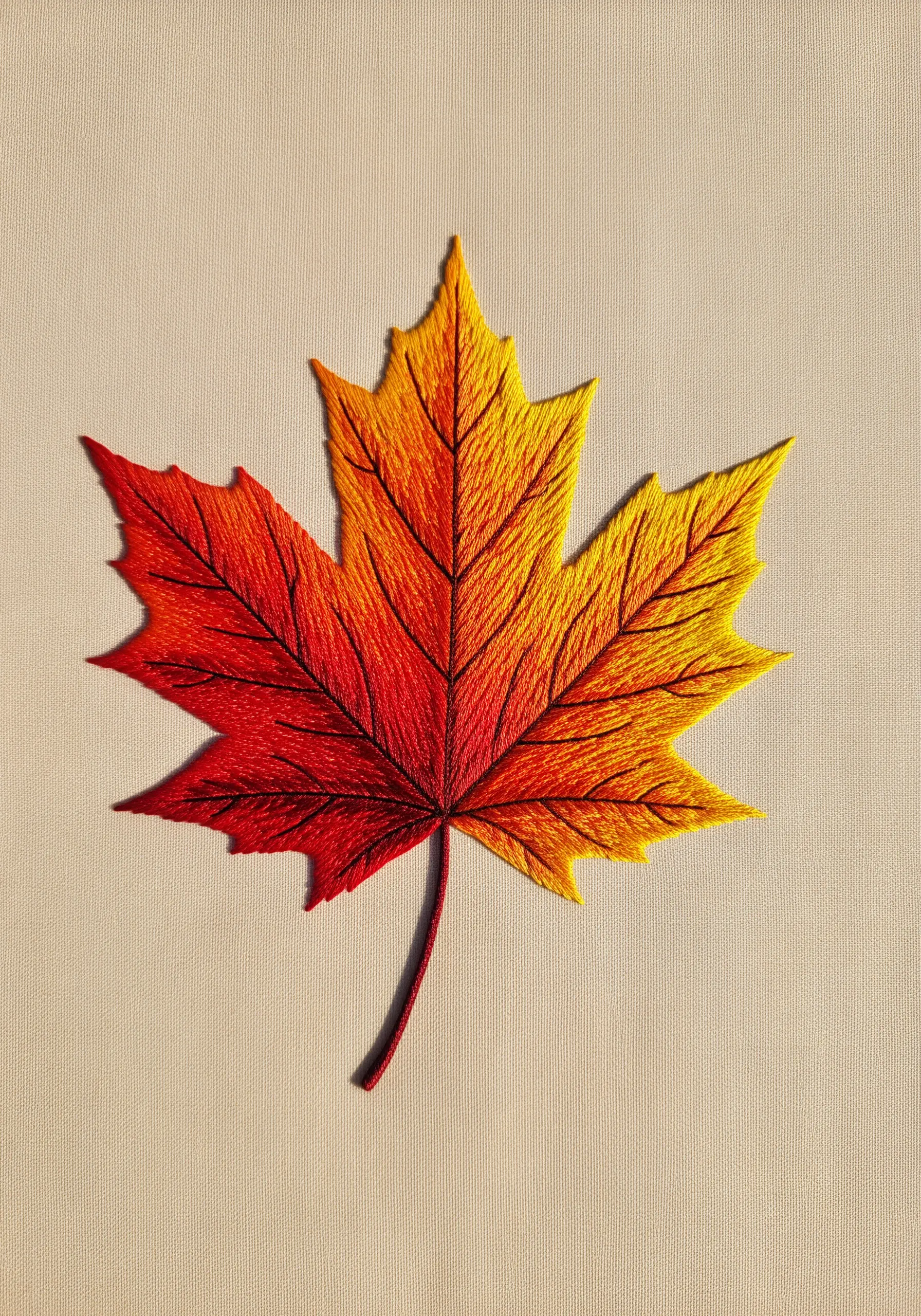 An embroidered maple leaf with a red, orange, and yellow gradient.