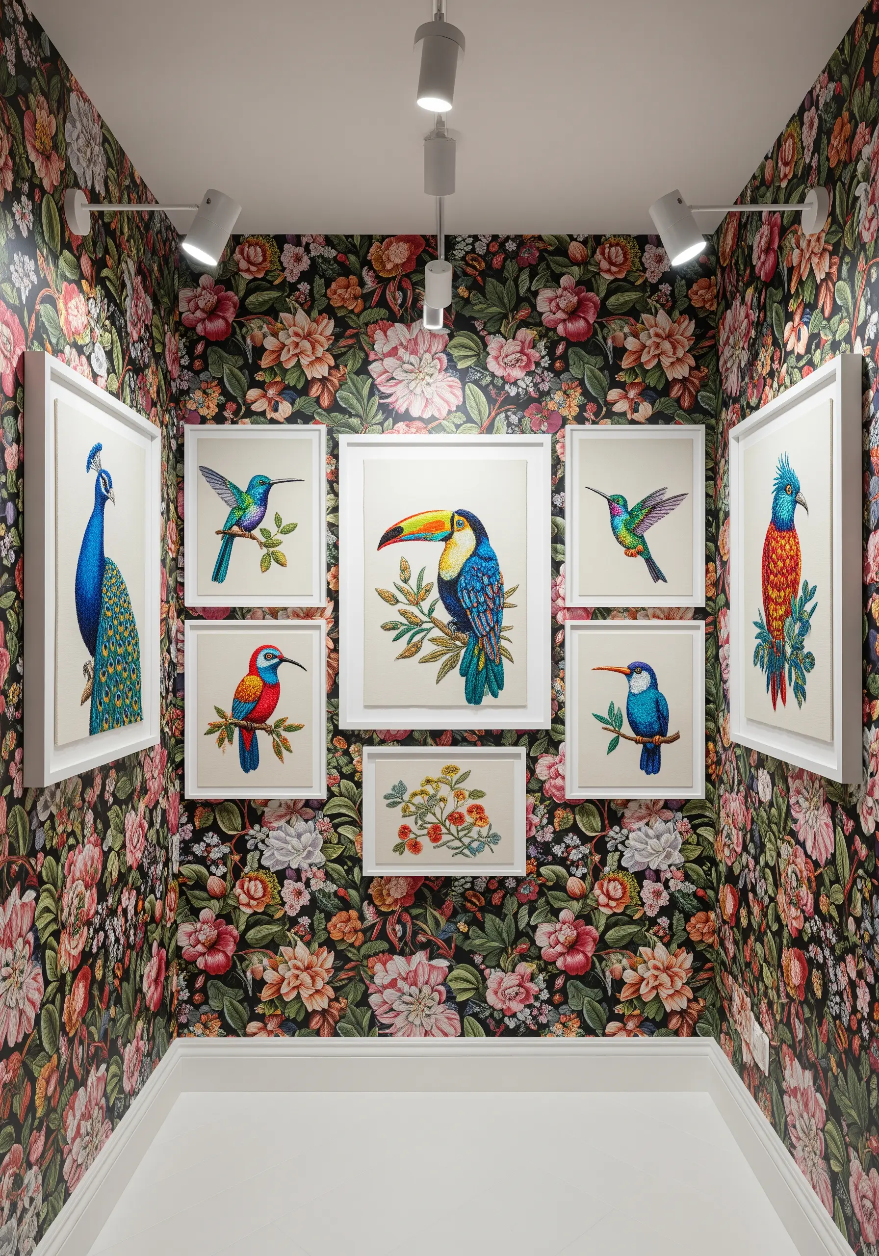 A collection of six framed, embroidered tropical birds against a dense floral wallpaper.