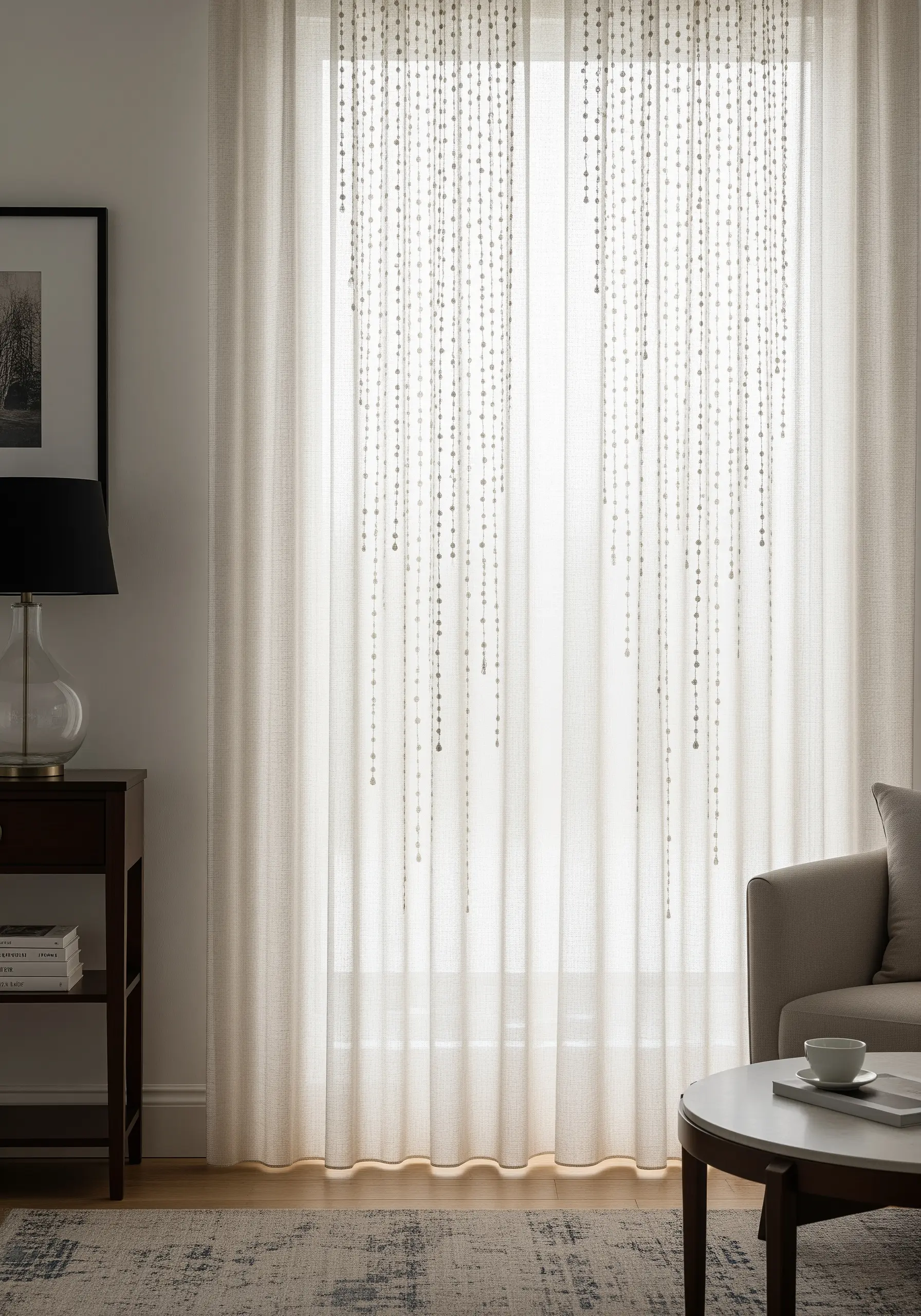 Sheer white curtain embellished with vertical lines of delicate, light-catching beads.