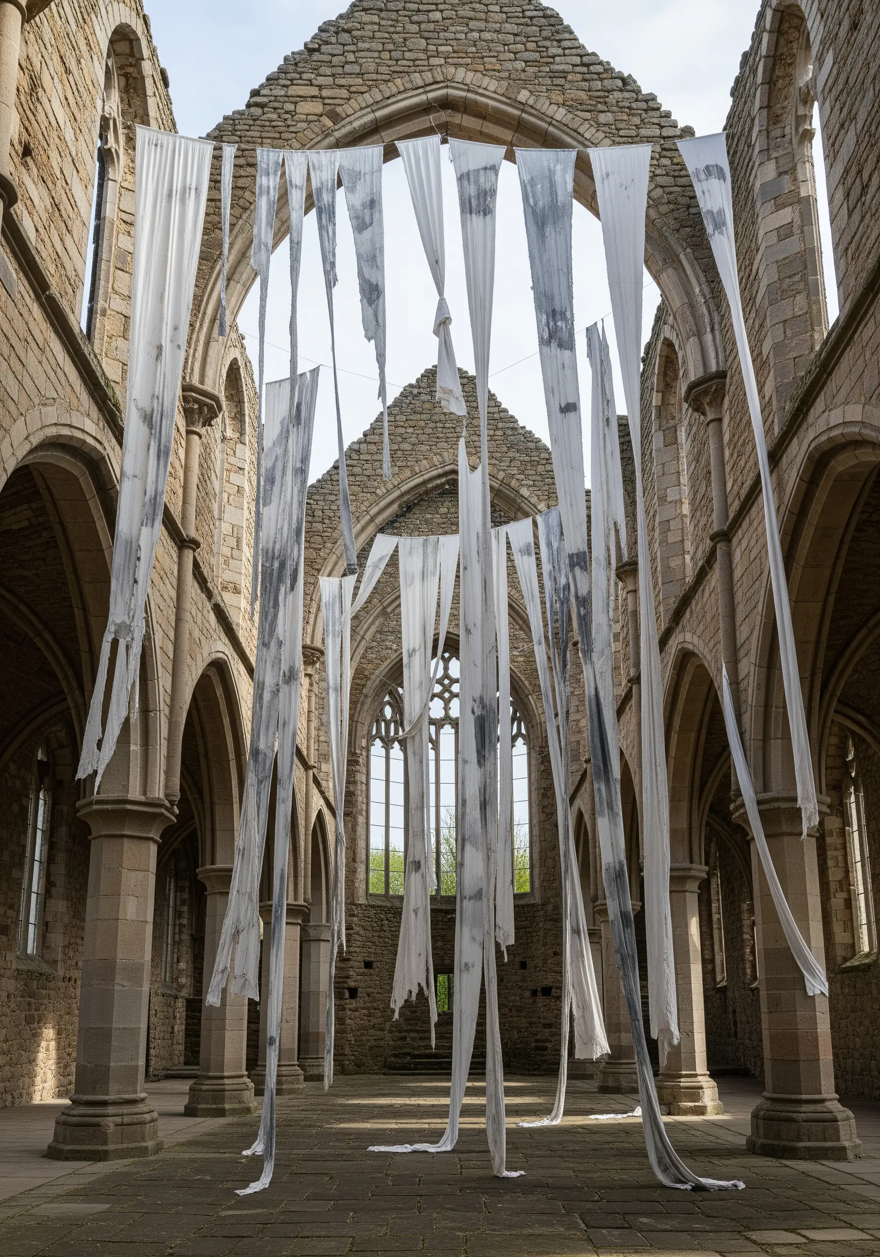 Long strips of distressed, tattered white and grey fabric hanging in the ruins of a stone church.
