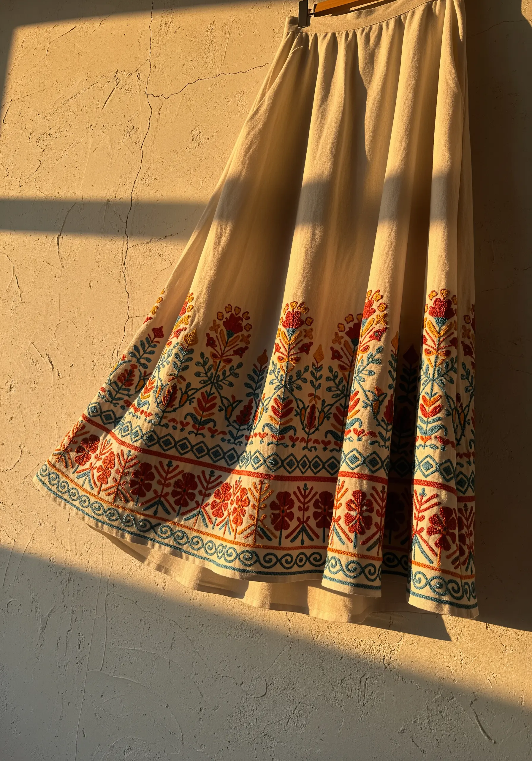 Cream skirt featuring a colorful, multi-row floral folk embroidery border at the hem