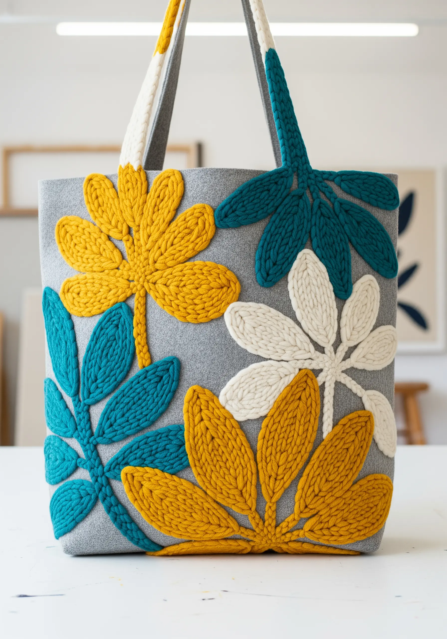 Large, chunky leaves made with yellow, teal, and white yarn on a grey felt tote.
