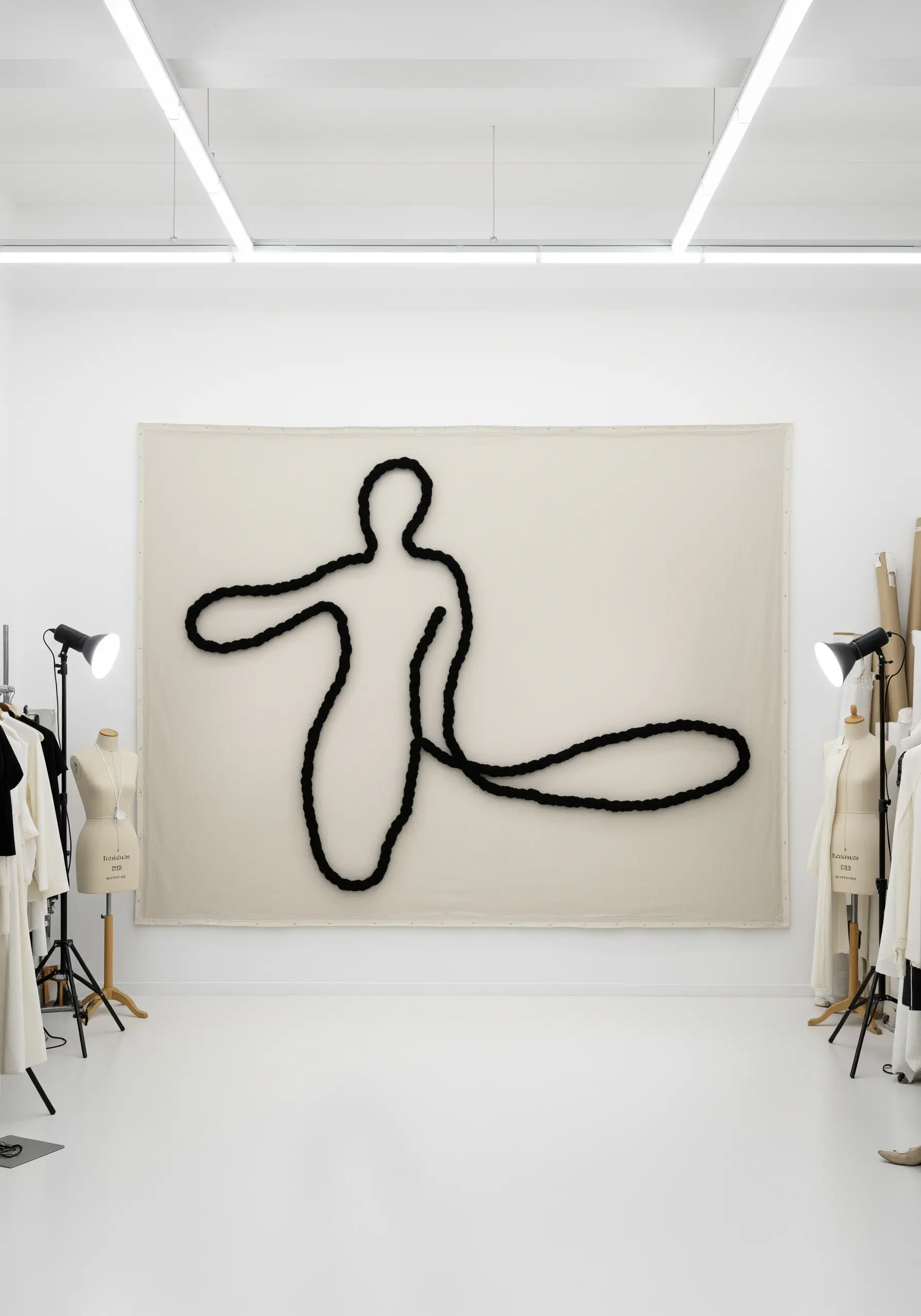 An abstract human figure created with thick black rope on a large off-white canvas.