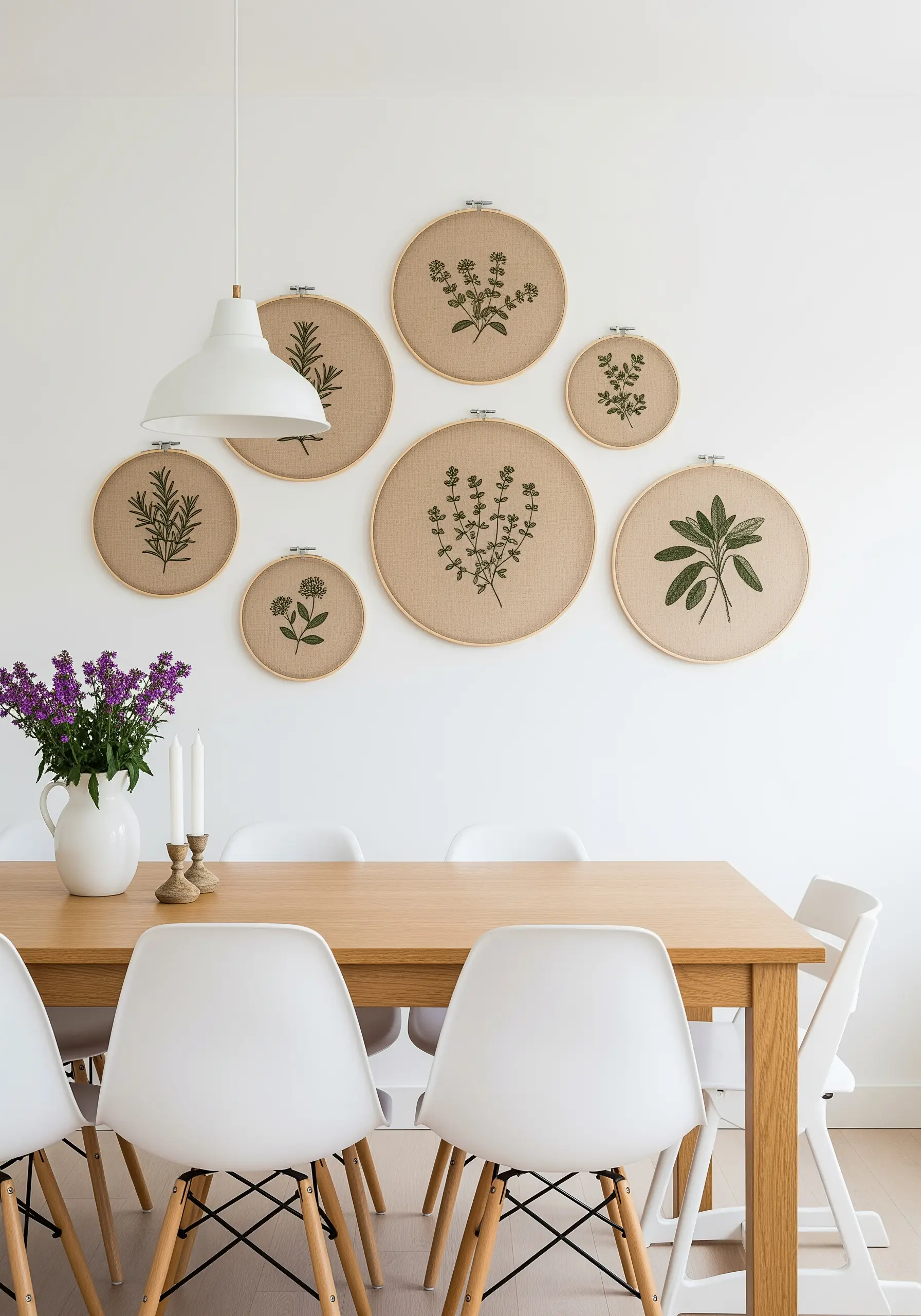 Set of six embroidery hoops featuring simple herb outlines on beige linen
