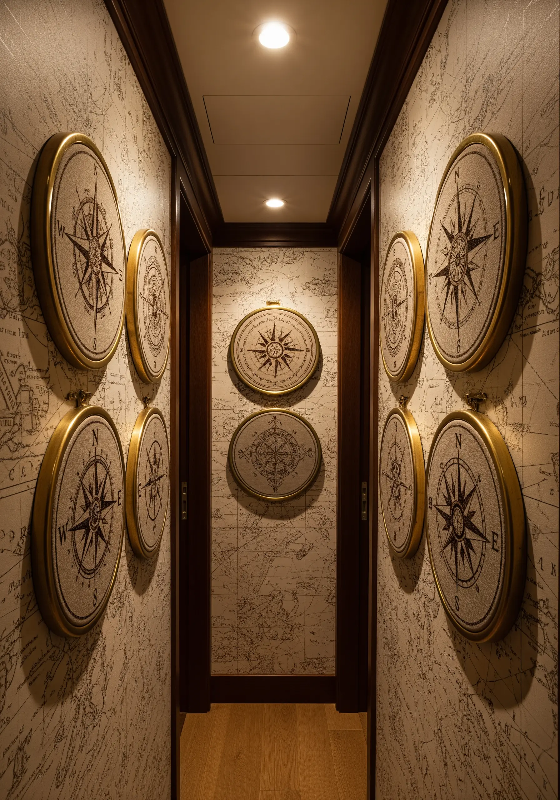 A hallway decorated with embroidered compasses in round gold frames against a map wallpaper.