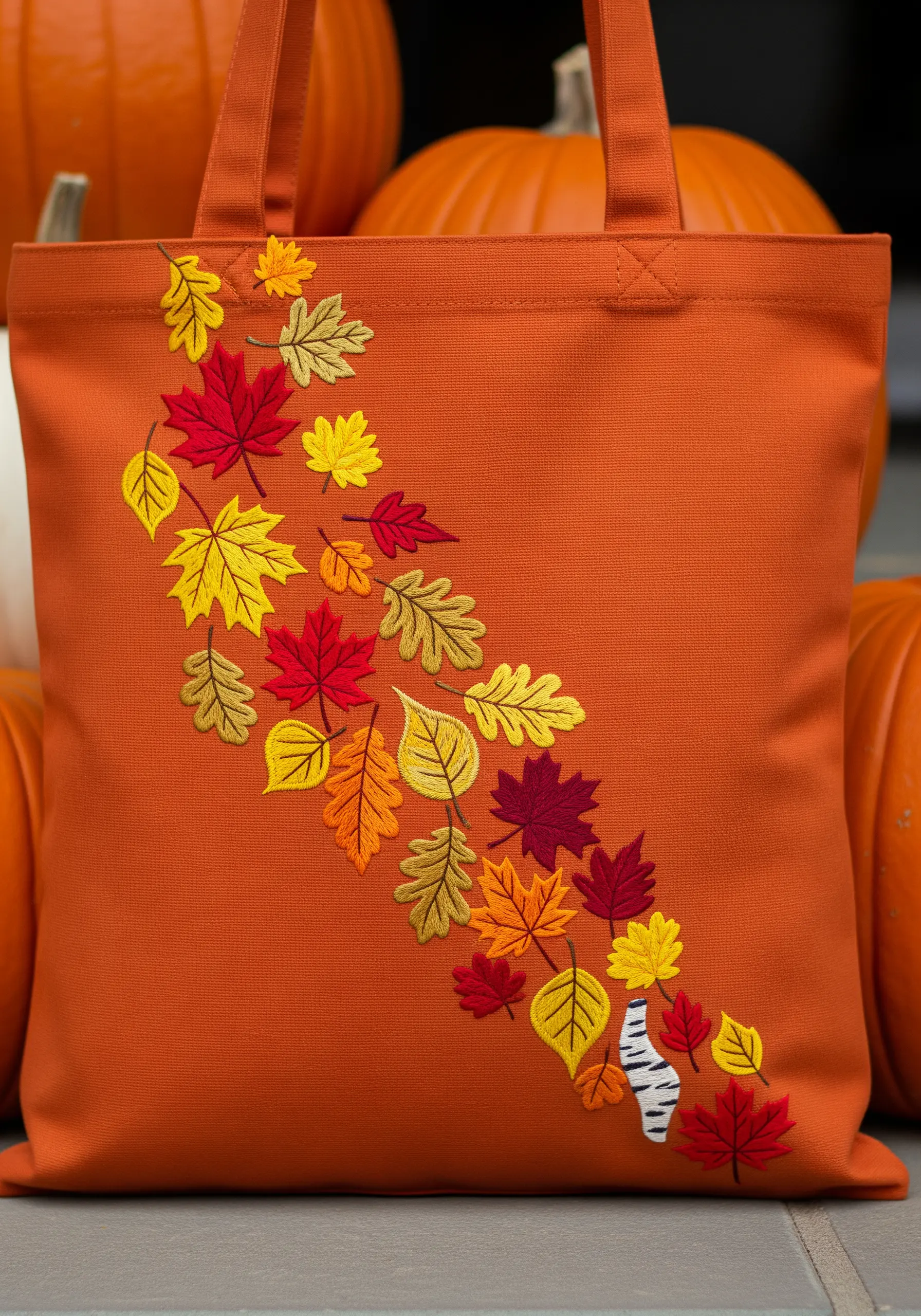 Cascading autumn leaves in red, yellow, and orange embroidered on an orange tote.
