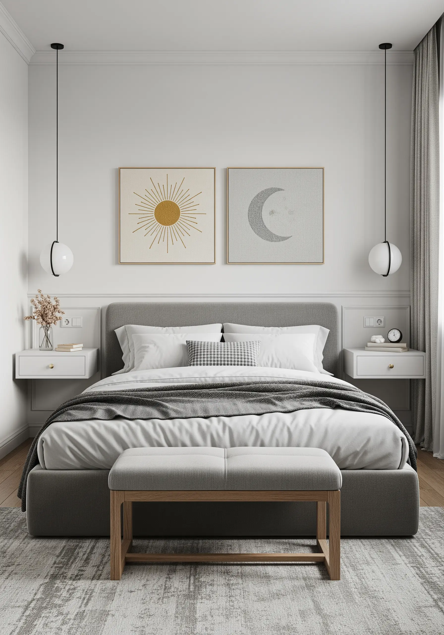 Two framed embroidery pieces, one of a sun and one of a moon, hanging above a bed.
