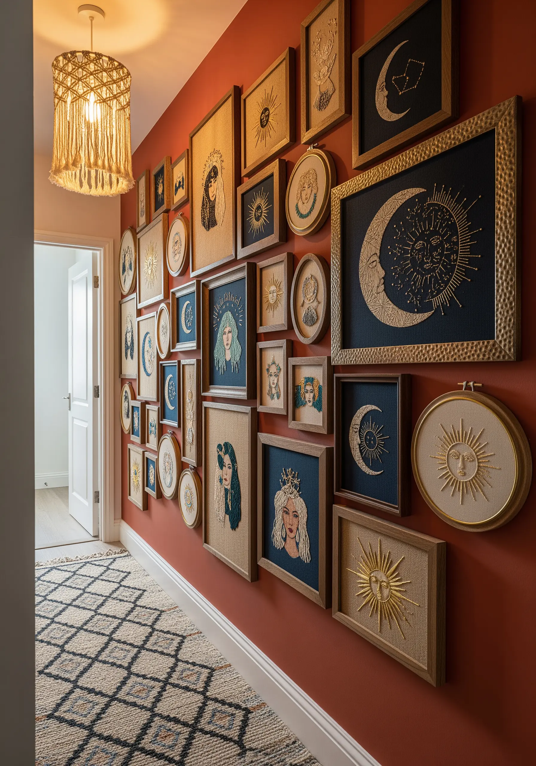 An eclectic gallery wall of celestial and portrait embroidery in various frames on a terracotta wall.