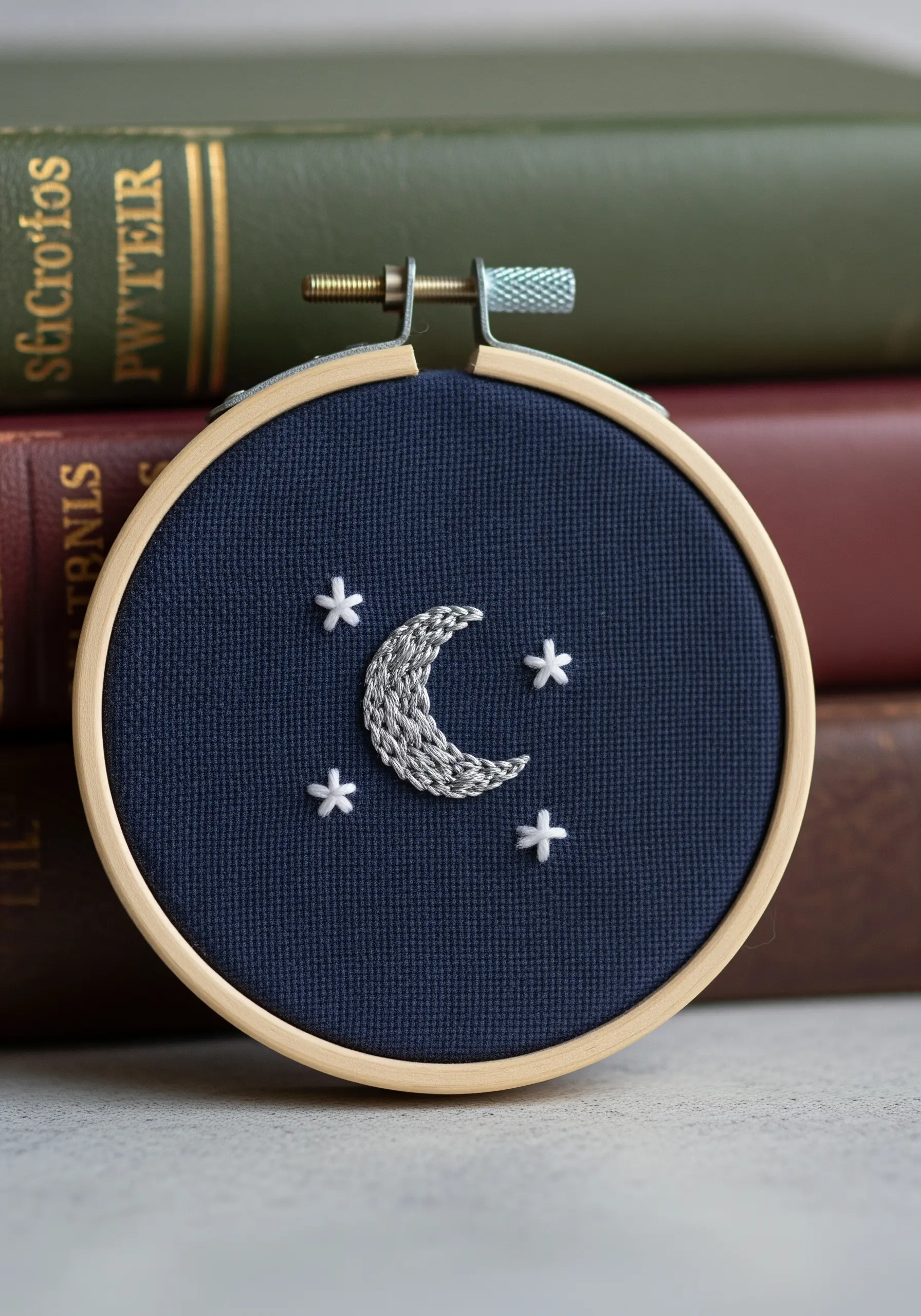 Embroidered crescent moon and stars in metallic silver thread on dark navy fabric.