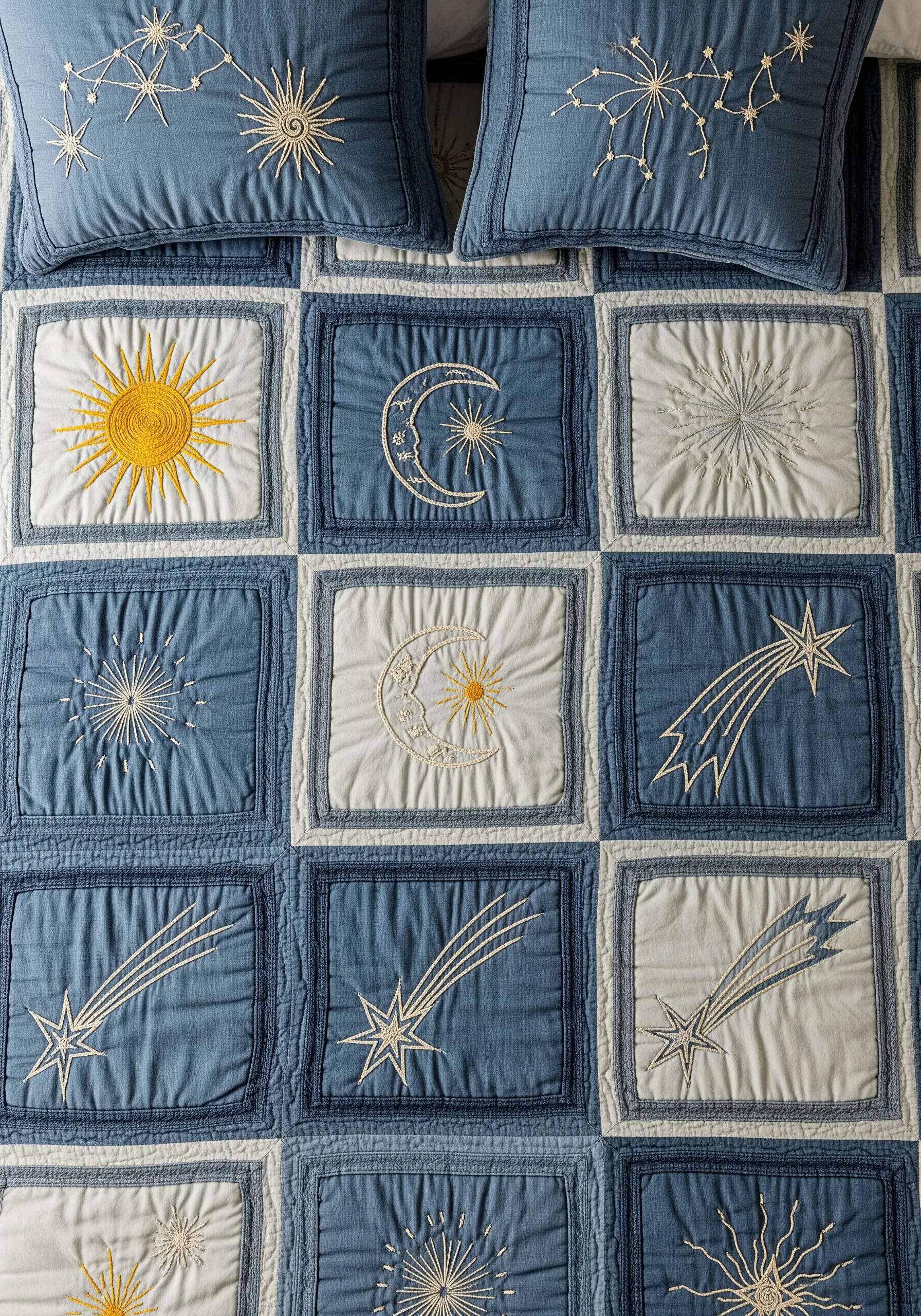 A patchwork quilt with squares featuring embroidered suns, moons, and shooting stars.