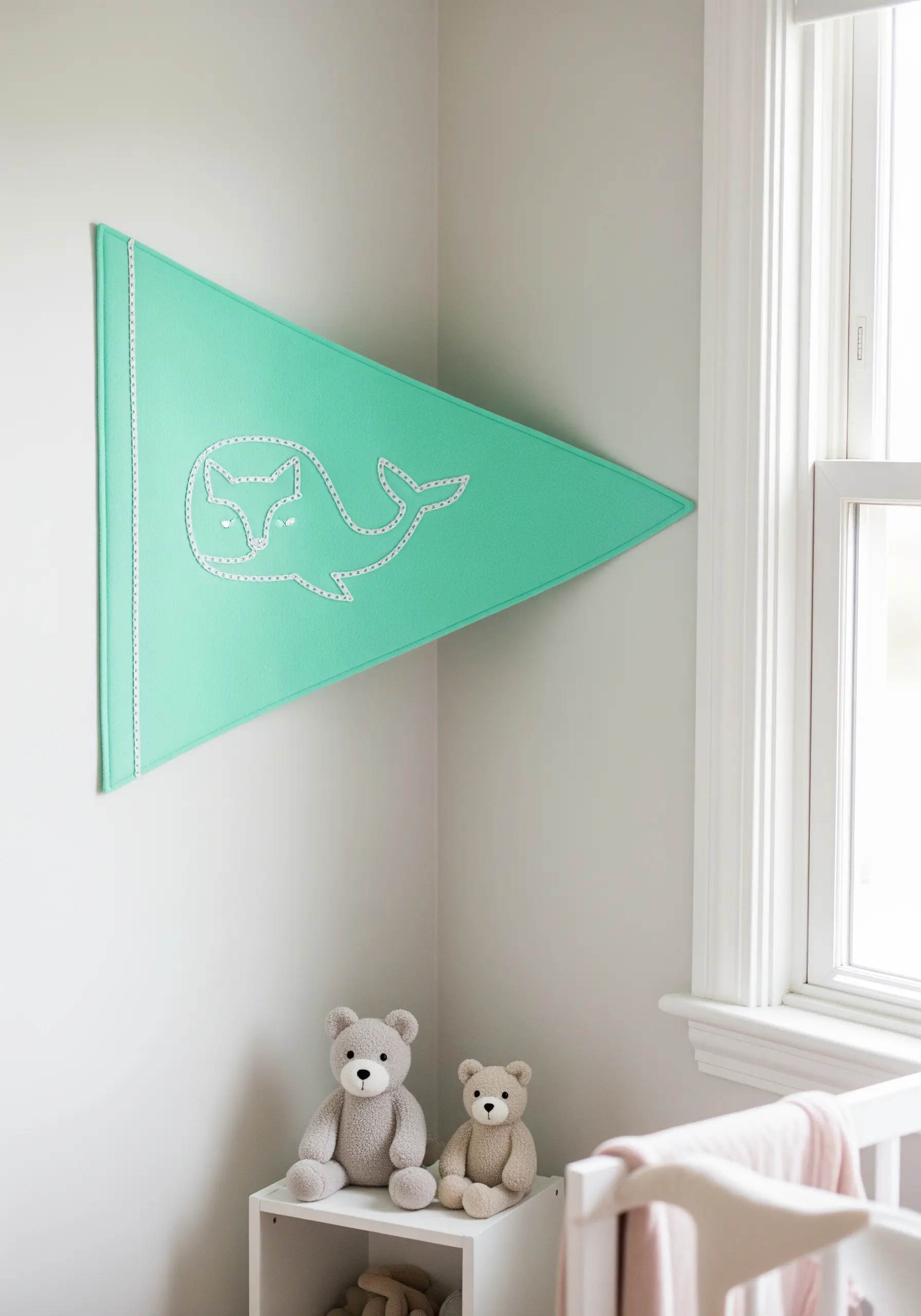 A mint green nursery pennant with a felt whale outlined in white running stitch.