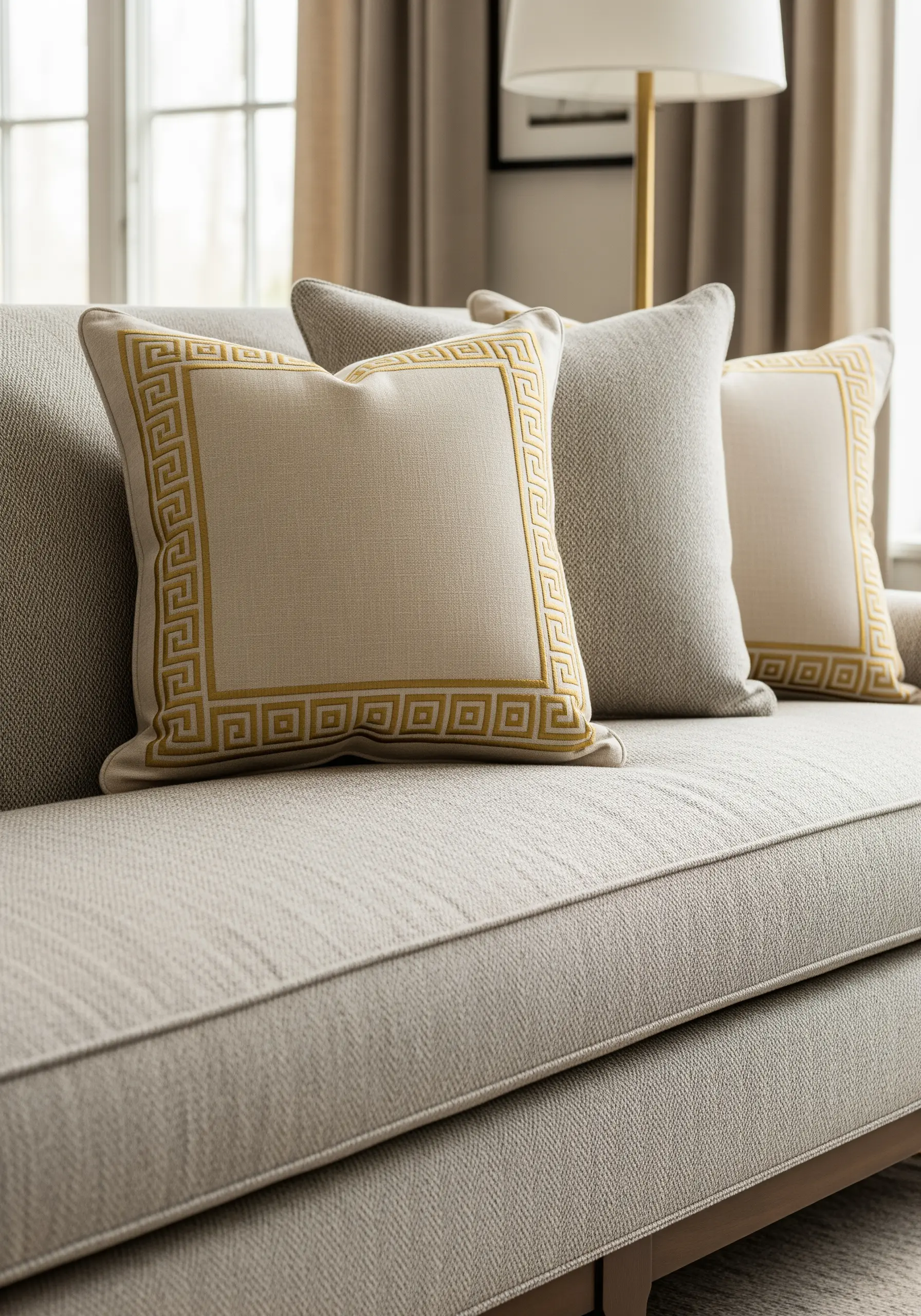 Gold Greek key border embroidered on a cream linen cushion.