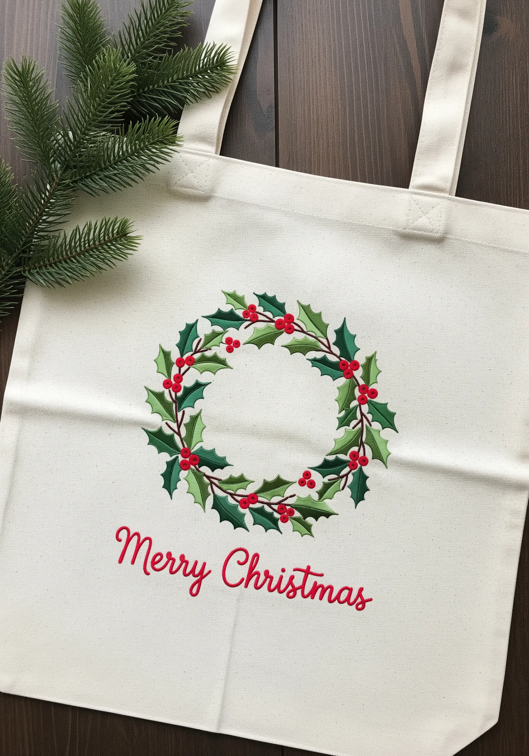 Classic holly wreath with red berries and 'Merry Christmas' text embroidered on a cream canvas tote.