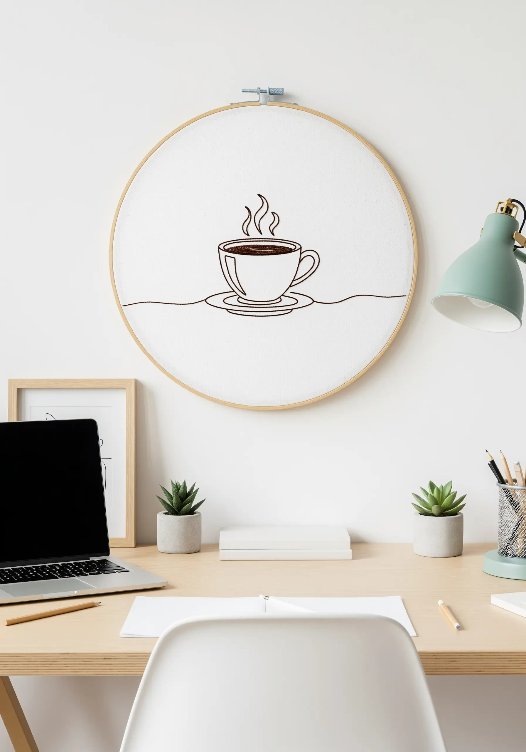 A one-line drawing of a steaming coffee cup stitched in dark thread on white fabric.