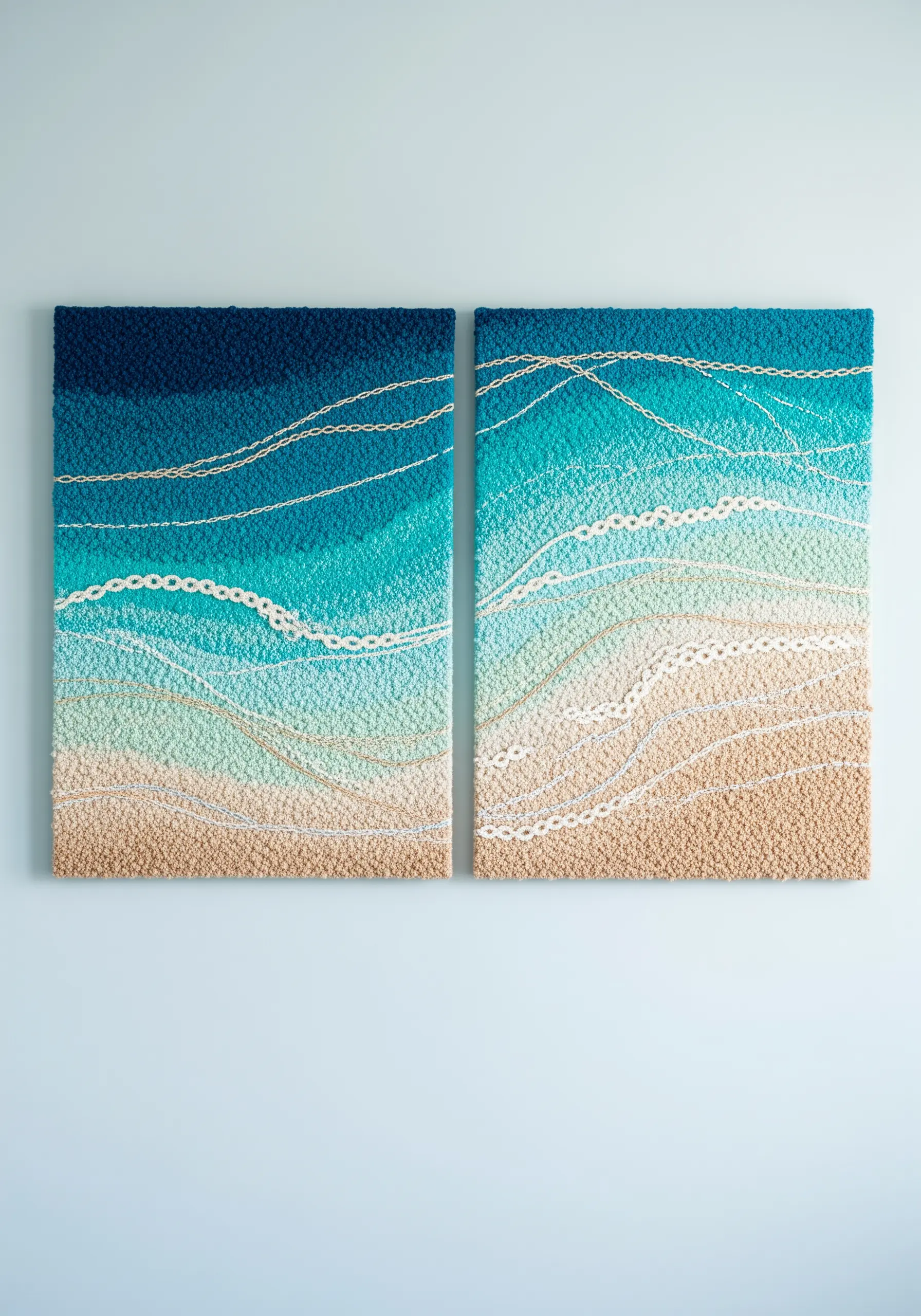 A two-panel embroidery piece showing an ocean gradient from blue water to sandy shore.