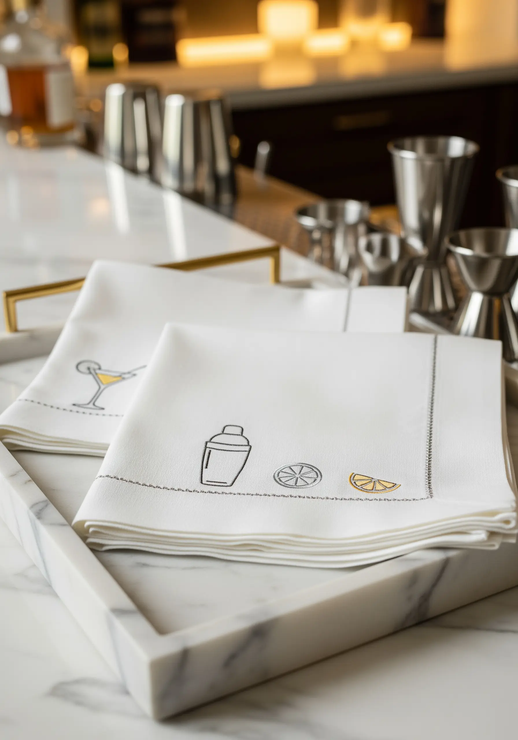 White cocktail napkins with minimalist embroidered icons: a martini, a shaker, and a lemon slice.