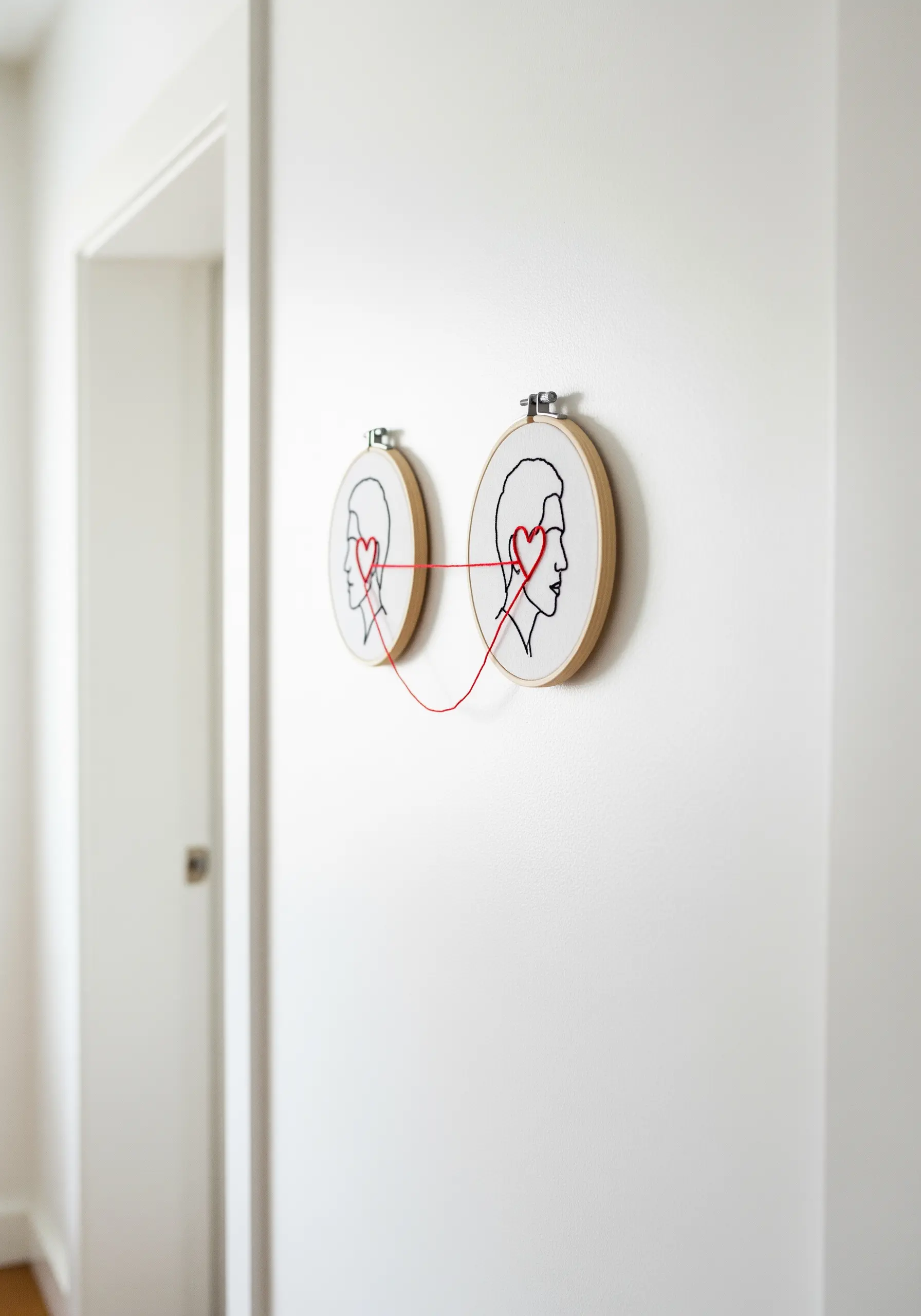 Two embroidery hoops connected by a single red thread that links the hearts in two line-art faces.