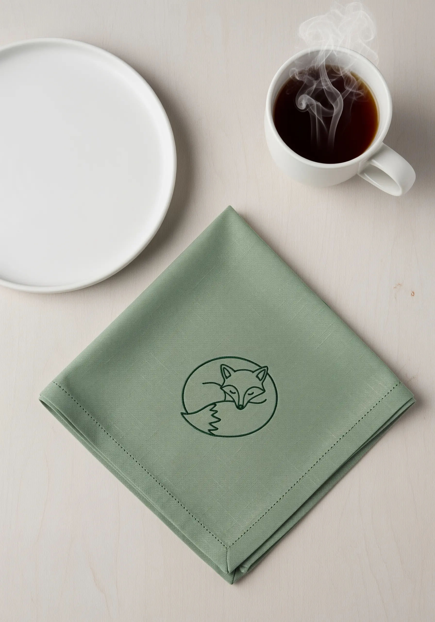 A sleeping fox embroidered in a circle on the corner of a sage green linen napkin.